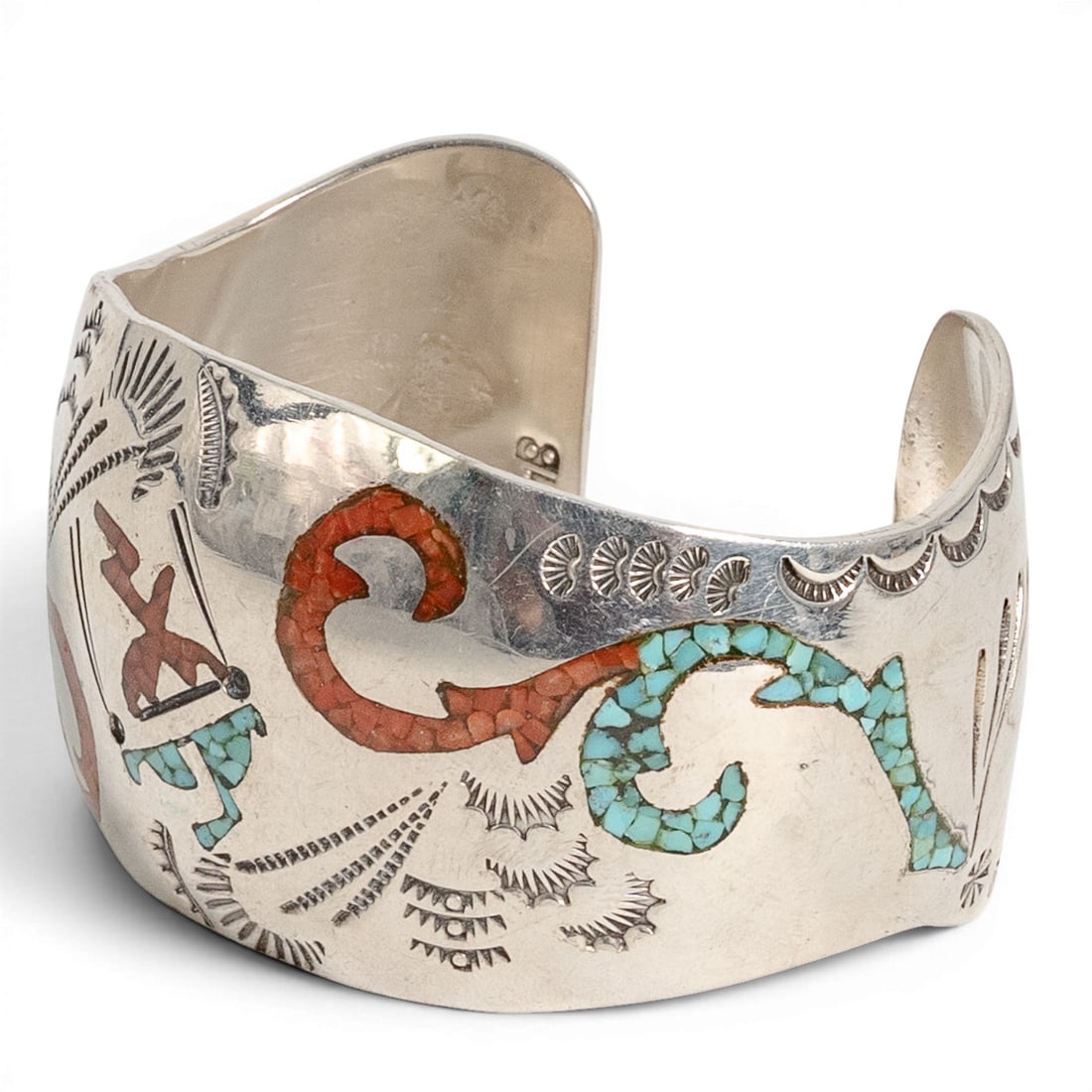 Vintage Henry Baca Navajo Sterling Silver Turquoise & Coral Inlay Cuff Bracelet: Vintage Henry Baca Navajo Sterling Silver Turquoise & Coral Inlay Cuff Bracelet 1970-1980s, USA Vintage Navajo sterling silver cuff bracelet by Henry Baca, featuring an intricate chip-inlay design exe
