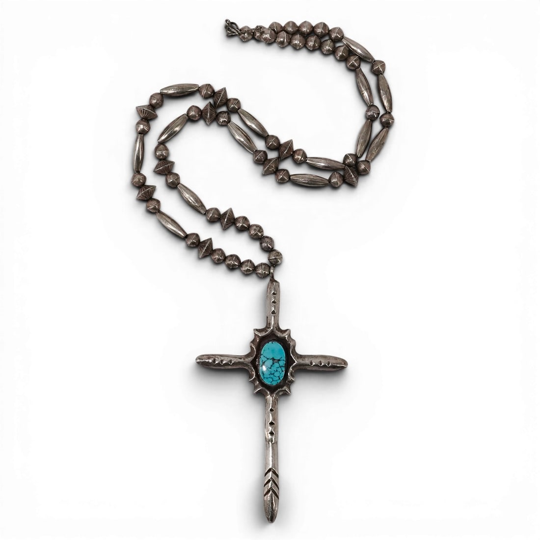 Vintage Navajo Sterling Silver & Turquoise Cross Pendant Necklace: Vintage Navajo Sterling Silver & Turquoise Cross Pendant Necklace 1970s, USA Vintage Navajo sterling silver necklace with various style silver bead construction and large cross-form pendant, set with 