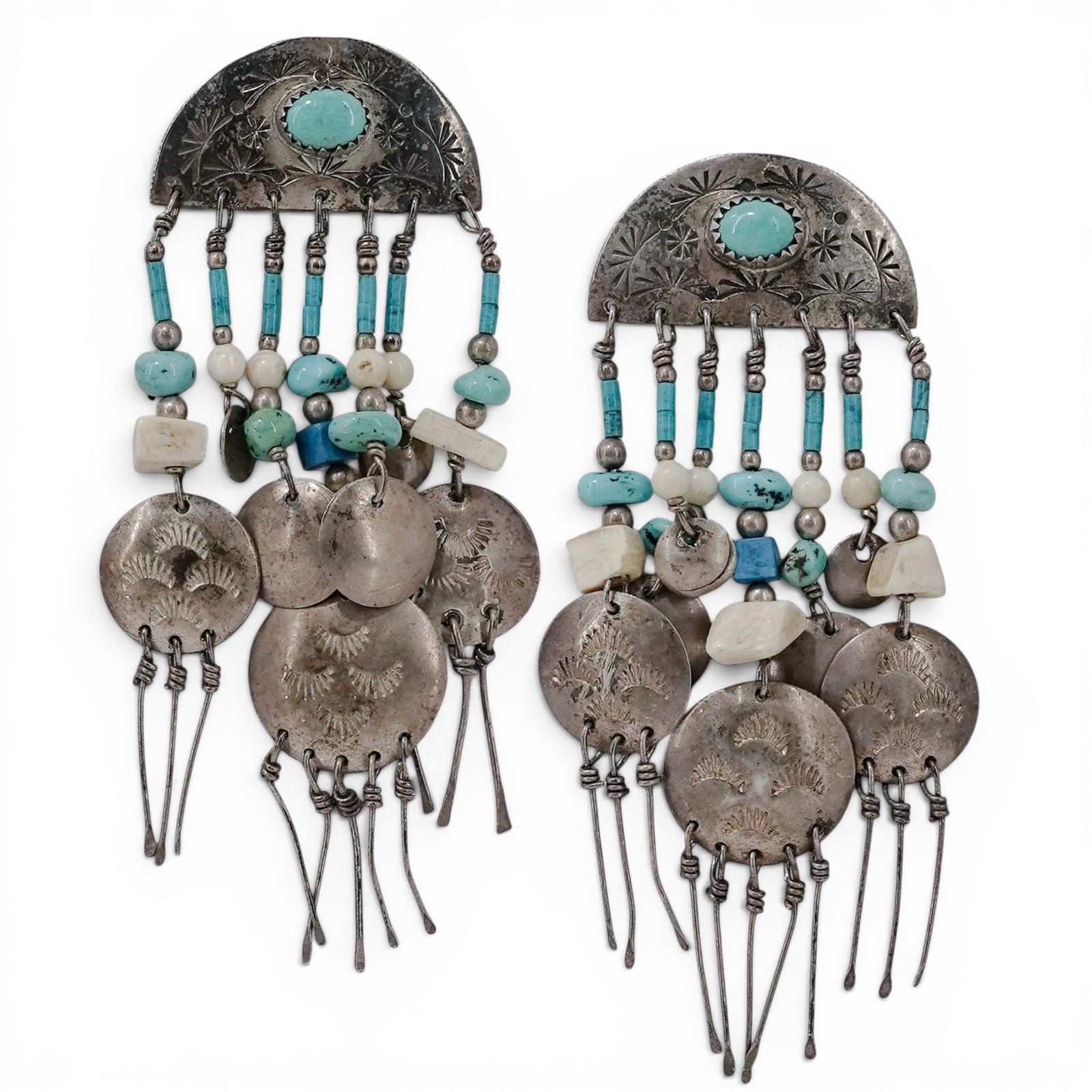Vintage Southwestern Sterling Silver Turquoise & Bone Chandelier Earrings (1 of 4)