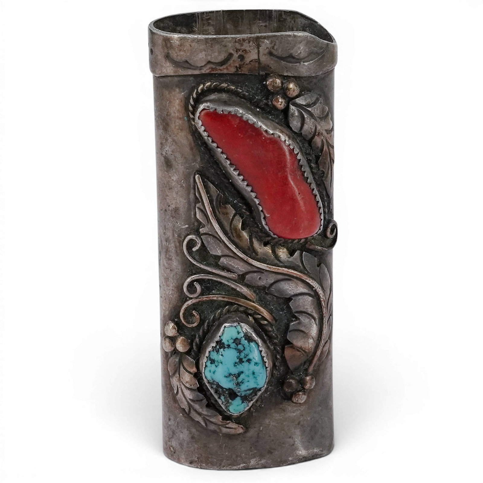 Vintage F. Tom Navajo Sterling Silver Coral & Turquoise Lighter Cover (1 of 8)