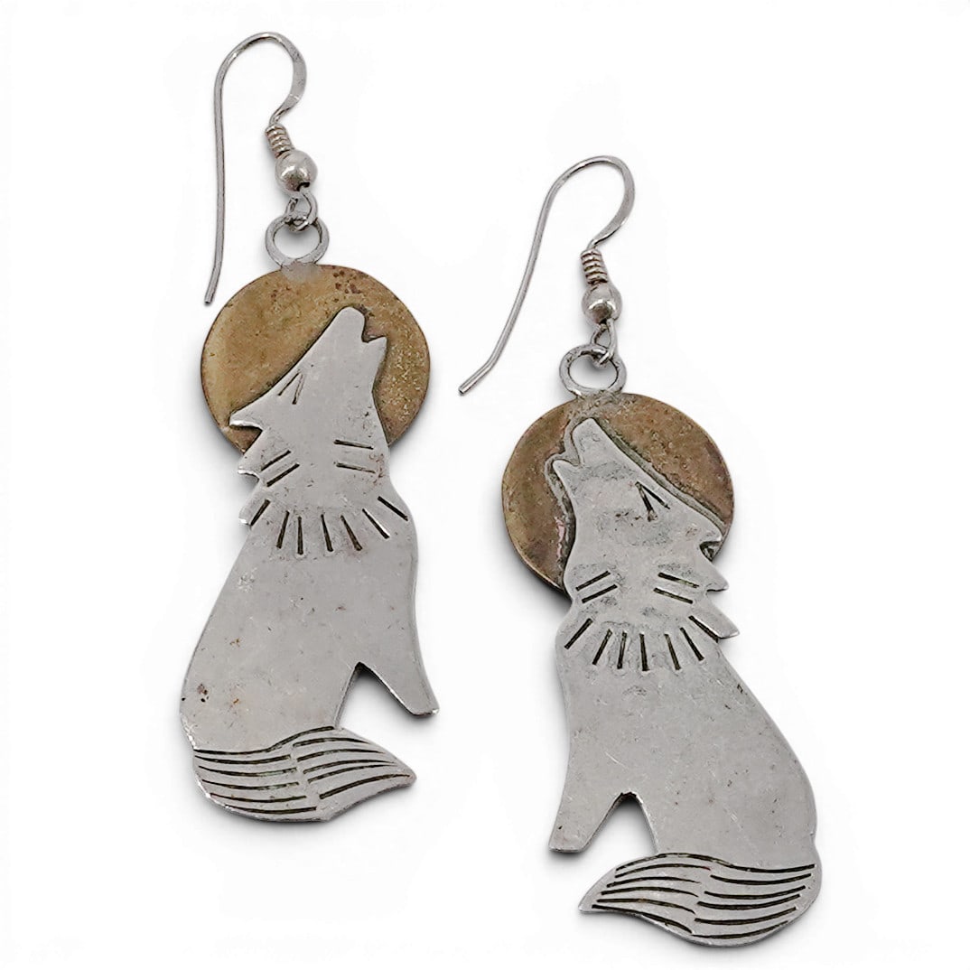 Southwestern Sterling Silver & Brass Howling Coyote Earrings (1 of 2)