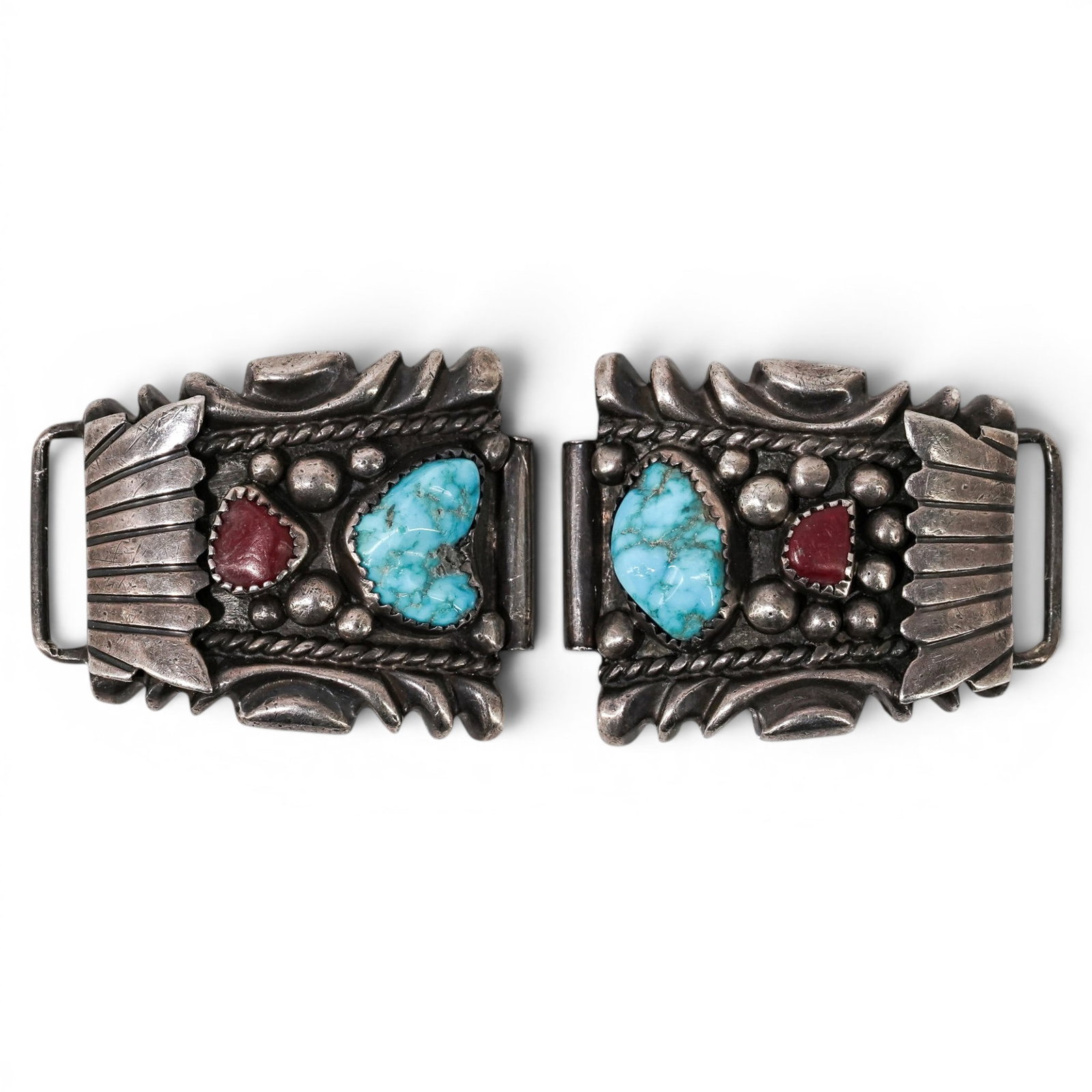 Vintage Wilson Begay Navajo Sterling Silver Turquoise & Coral Bracelet Links: Vintage Wilson Begay Navajo Sterling Silver Turquoise & Coral Bracelet Links 1970-1980s, USA Vintage sterling silver bracelet links composed of rectangular articulated panels set with natural turquois