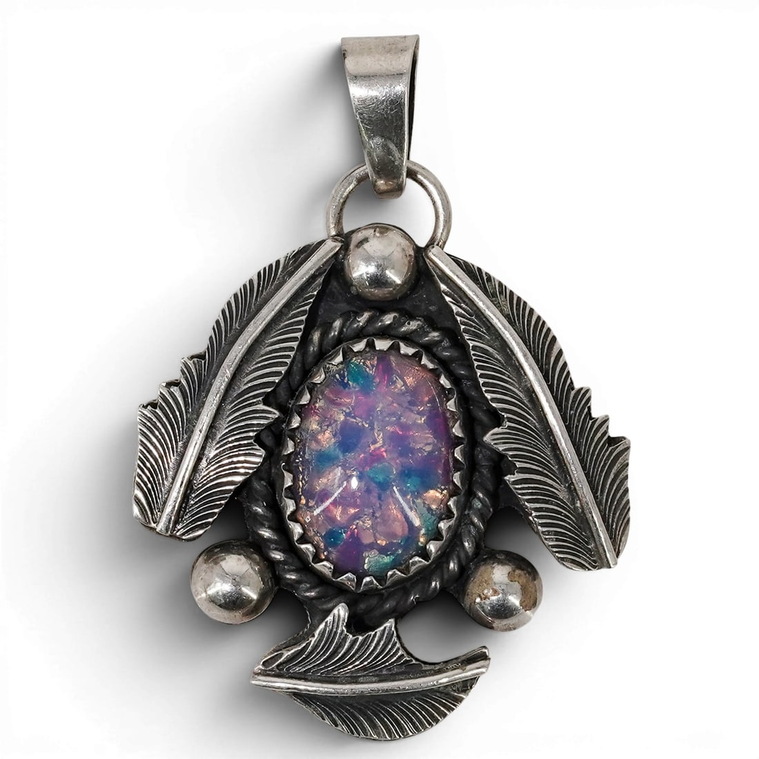 Vintage Federico Jimenez 950 Silver & Opal Feather Pendant (1 of 4)