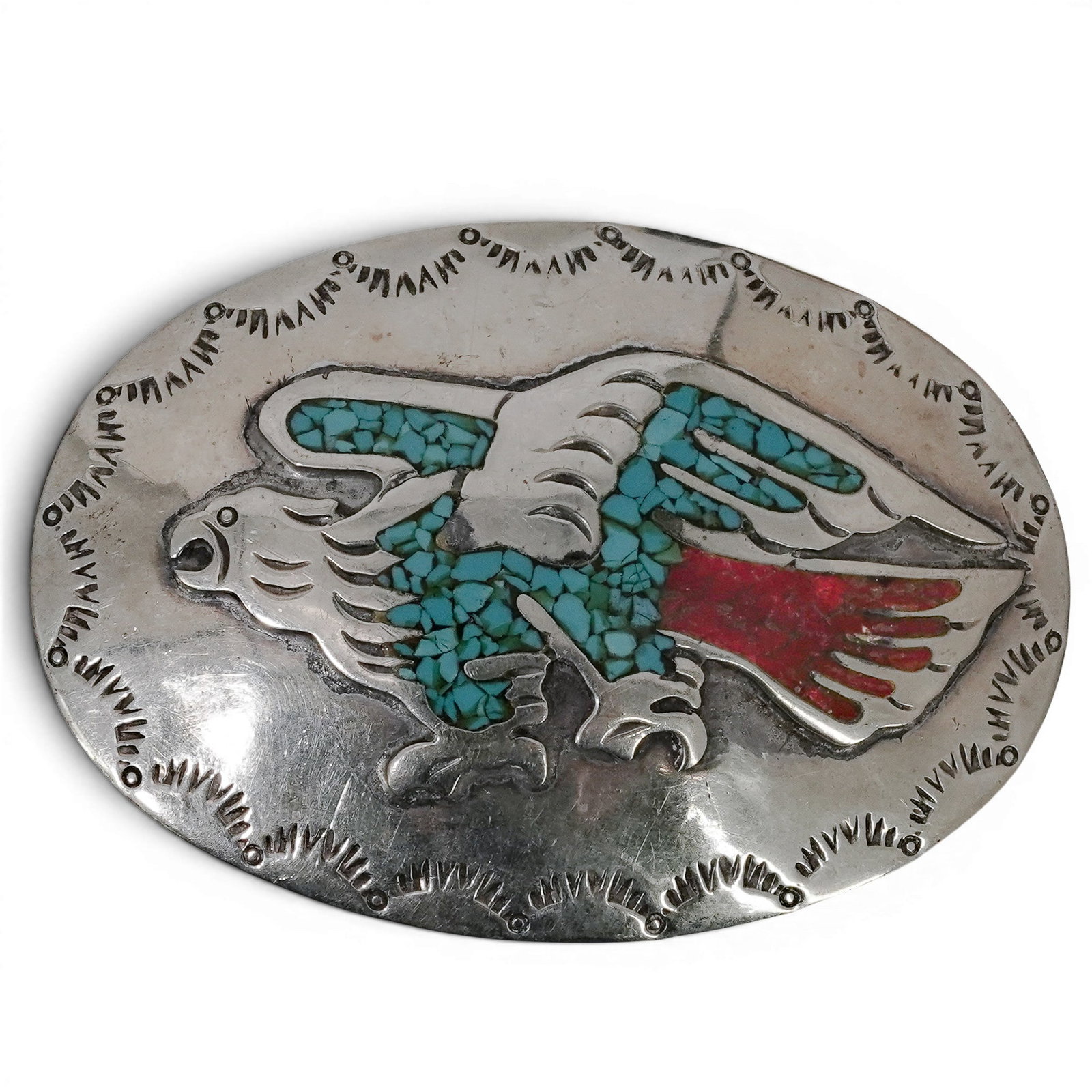 Vintage Navajo Sterling Silver Turquoise & Coral Inlay Thunderbird Belt Buckle: Vintage Navajo Sterling Silver Turquoise & Coral Inlay Thunderbird Belt Buckle 1970-1980s, USA Vintage sterling silver oval belt buckle featuring a raised Thunderbird motif with turquoise chip inlay a