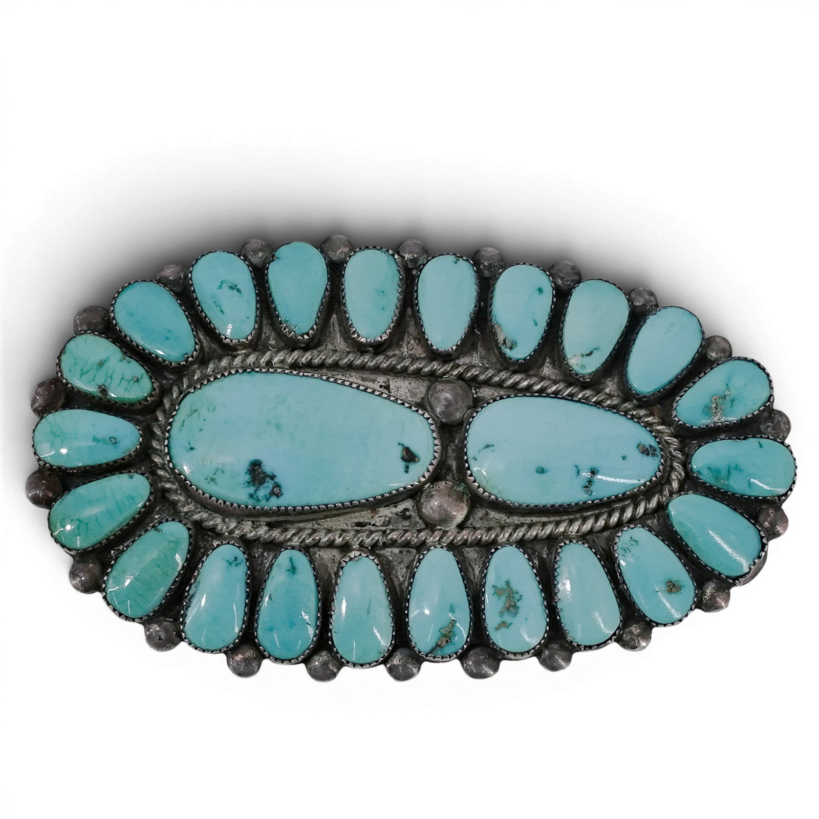 Vintage Doris & Warren Ondelacy Sterling Silver & Turquoise Cluster Bolo Tie: Vintage Doris & Warren Ondelacy Sterling Silver & Turquoise Cluster Bolo Tie 1960s-1970s, USA Vintage Zuni sterling silver turquoise cluster bolo tie by Doris & Warren Ondelacy, set with large teardro