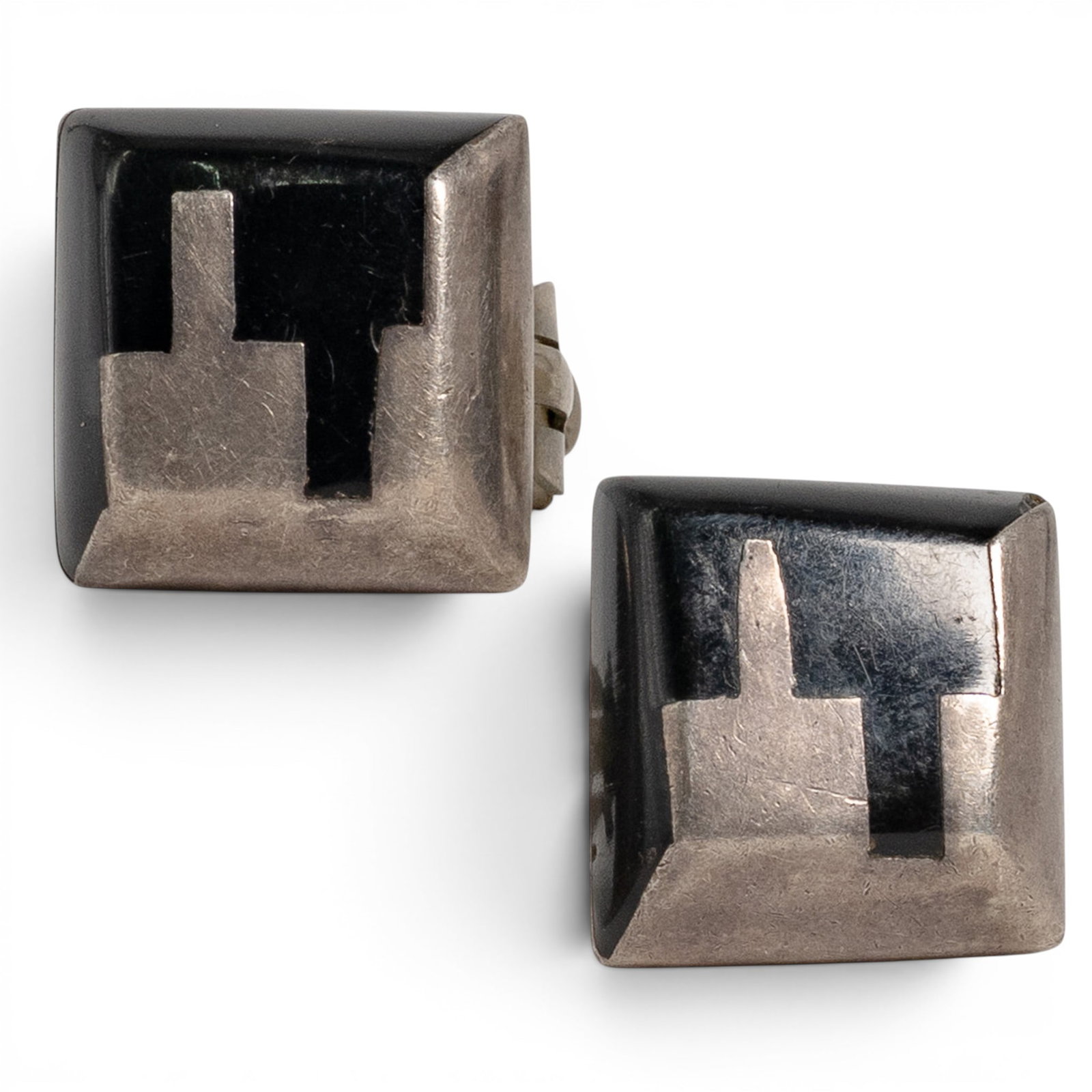 Vintage MGH Taxco Sterling Silver & Onyx Geometric Earrings: Vintage MGH Taxco Sterling Silver & Onyx Geometric Earrings 1970s-1980s, Mexico Vintage Taxco sterling silver earrings by MGH workshop, registration code TC-14, featuring square black onyx panels with