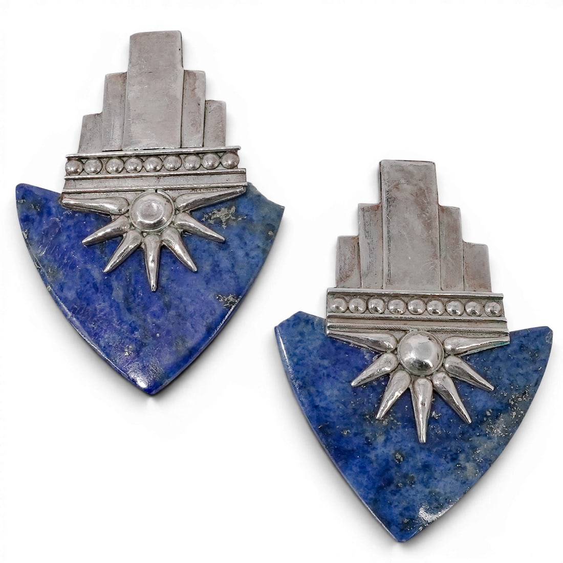 Vintage Art Deco Style Sterling Silver & Lapis Lazuli Fan Earrings Signed: Vintage Art Deco Style Sterling Silver & Lapis Lazuli Fan Earrings Signed 1970-1980s, USA Pair of sterling silver earrings featuring deep cobalt-blue lapis lazuli fan-shaped panels accented by geometr