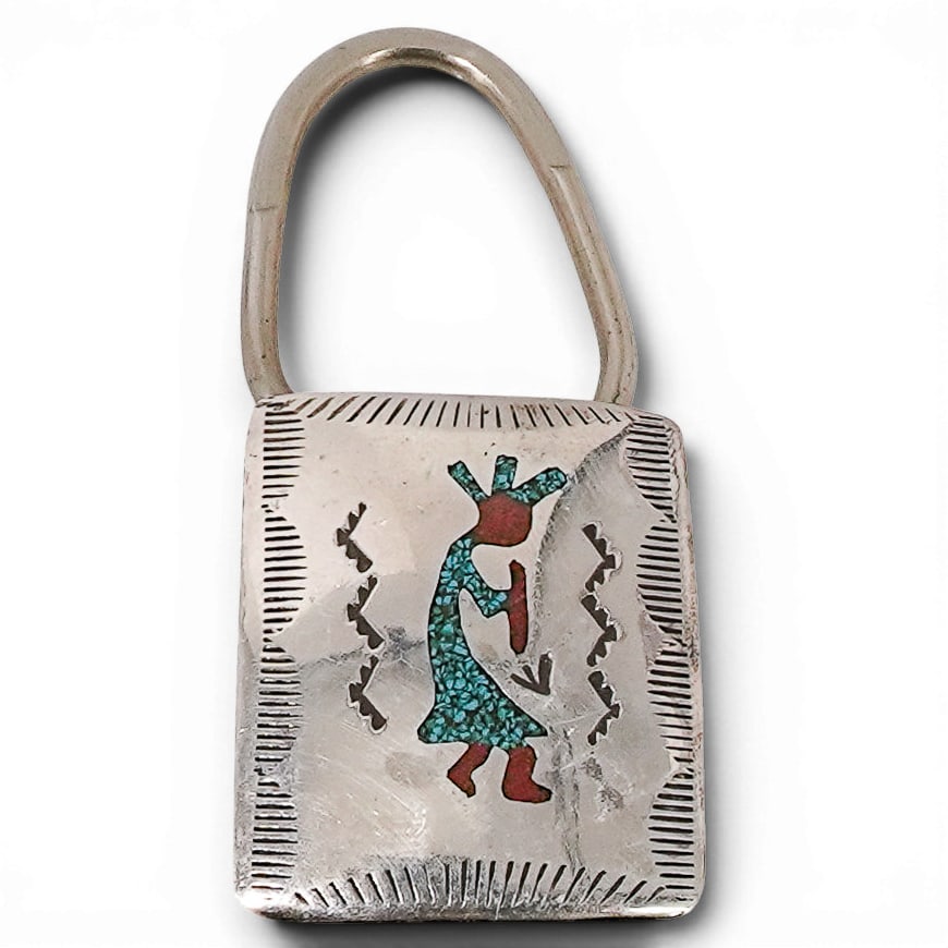 Vintage Harvey Begay Navajo Sterling Silver Turquoise & Coral Kokopelli Key Ring (1 of 4)