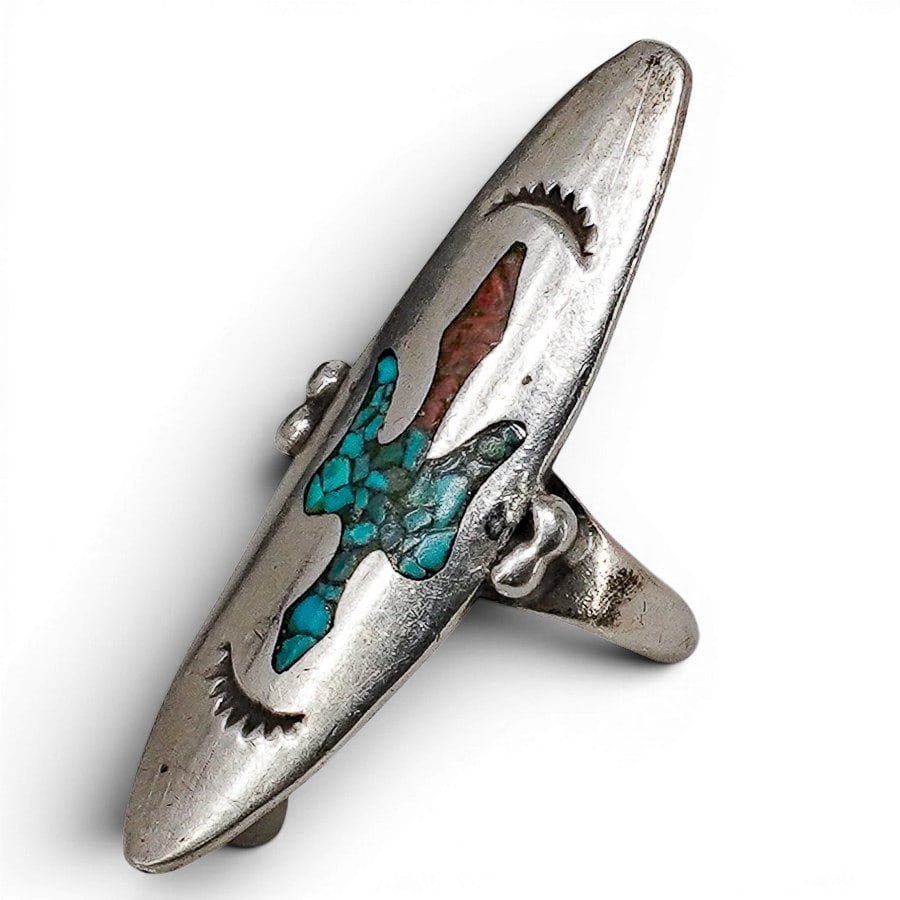 Vintage Navajo Sterling Silver Turquoise & Coral Inlay Thunderbird Ring: Vintage Navajo Sterling Silver Turquoise & Coral Inlay Thunderbird Ring 1970-1980s, USA Vintage Navajo sterling silver ring featuring a Thunderbird motif executed in turquoise and coral mosaic inlay o