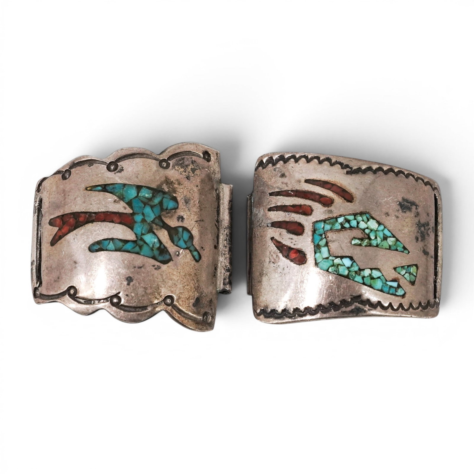 (2 Pc) Vintage Navajo Sterling Silver Turquoise & Coral Inlay Bracelet Links (1 of 4)