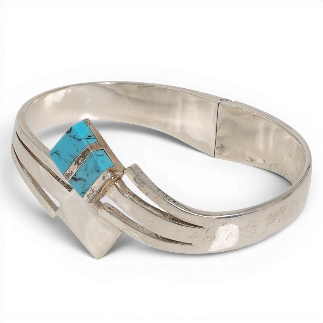 Vintage Mexican Sterling Silver & Turquoise Inlay Hinged Bracelet (1 of 5)