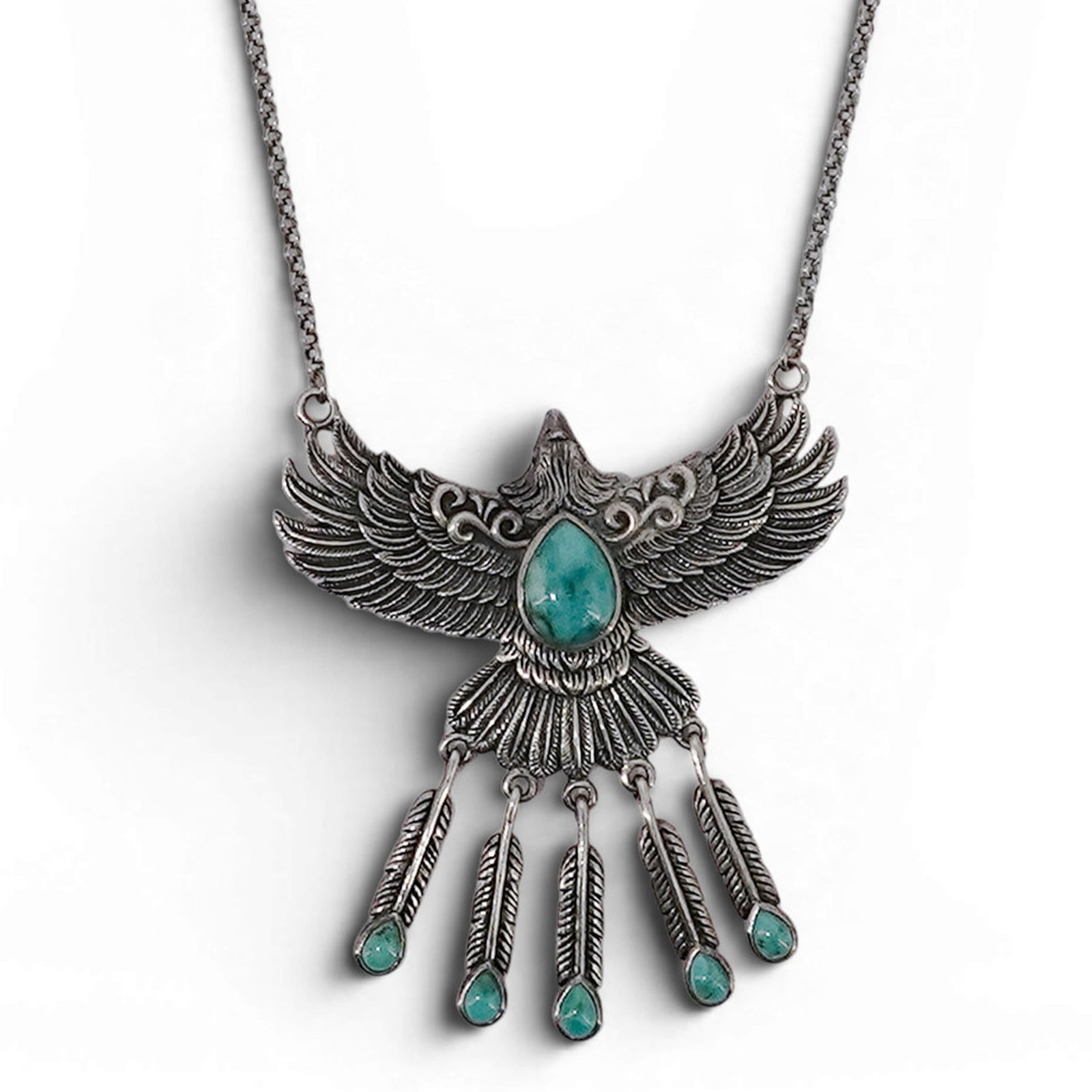 Vintage Navajo Sterling Silver & Turquoise Thunderbird Necklace Signed: Vintage Navajo Sterling Silver & Turquoise Thunderbird Necklace Signed 1970-1980s, USA Vintage Navajo sterling silver necklace featuring a large thunderbird pendant with detailed feathered wings, cent