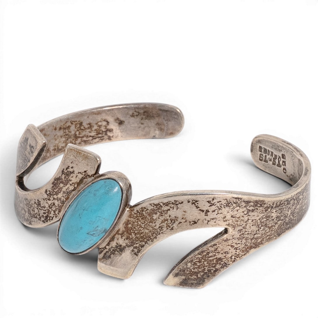 Vintage Mexican Sterling Silver & Turquoise Modernist Cuff Bracelet (1 of 5)