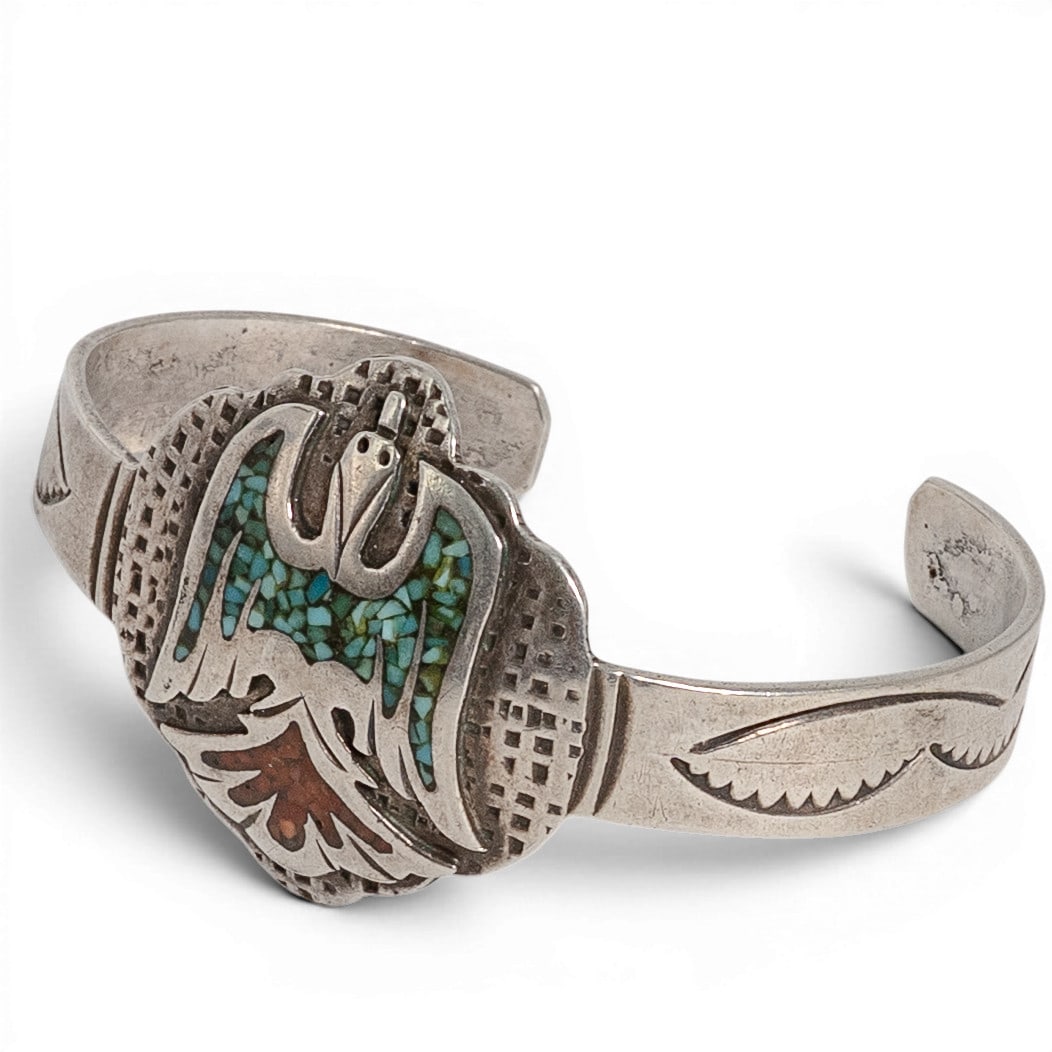 Vintage Navajo Sterling Silver Turquoise & Coral Chip Inlay Cuff Bracelet Signed (1 of 5)