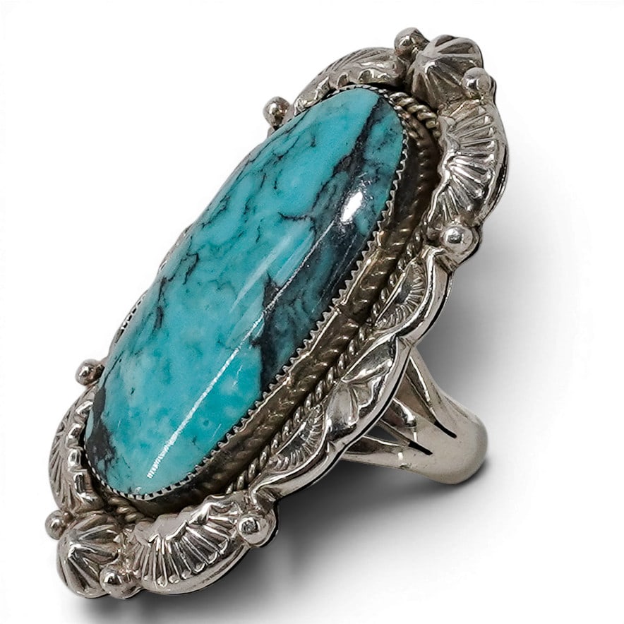 Vintage Navajo Sterling Silver & Large Turquoise Statement Ring Signed (1 of 6)