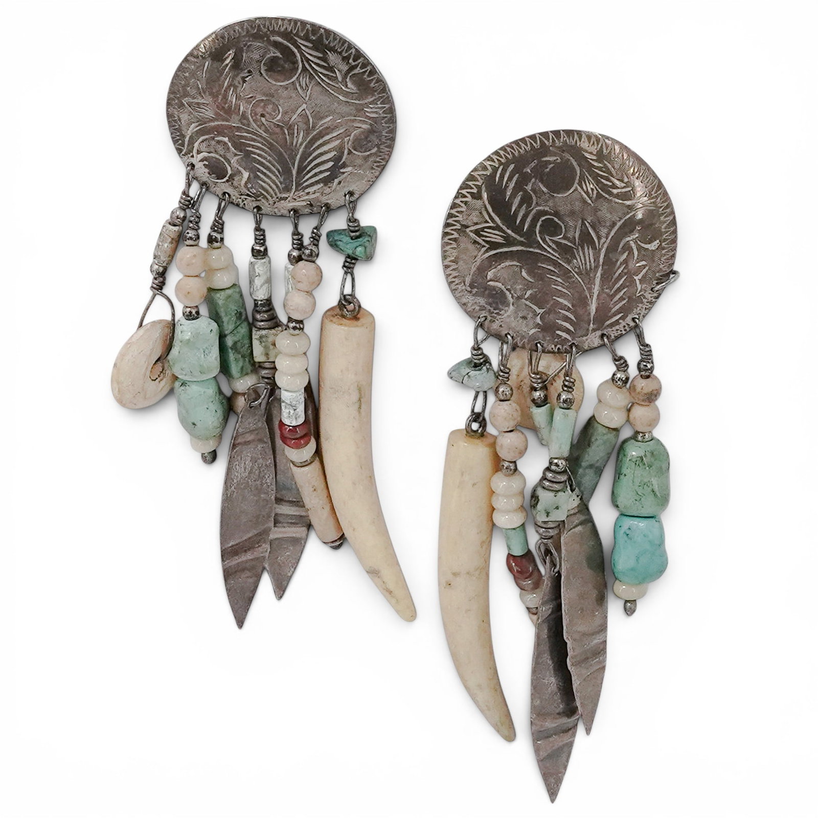 Vintage Navajo Sterling Silver Turquoise Bone & Feather Dangle Earrings (1 of 4)
