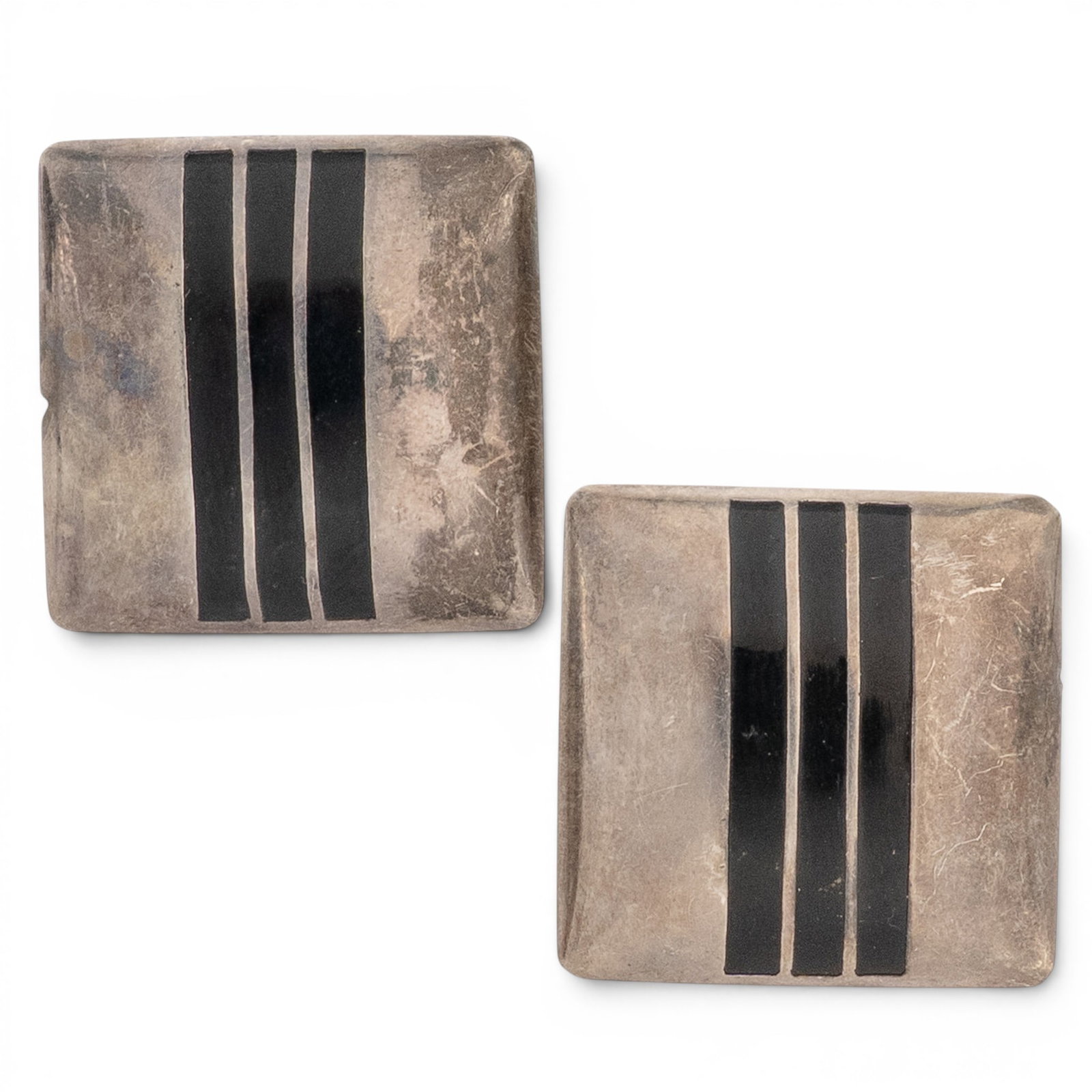 Vintage Mexican Sterling Silver & Onyx Inlay Earrings: Vintage Mexican Sterling Silver & Onyx Inlay Earrings 1970-1980s, Mexican Matching pair of sterling silver earrings featuring a bold geometric design with rectangular pillow-form silver panels accente