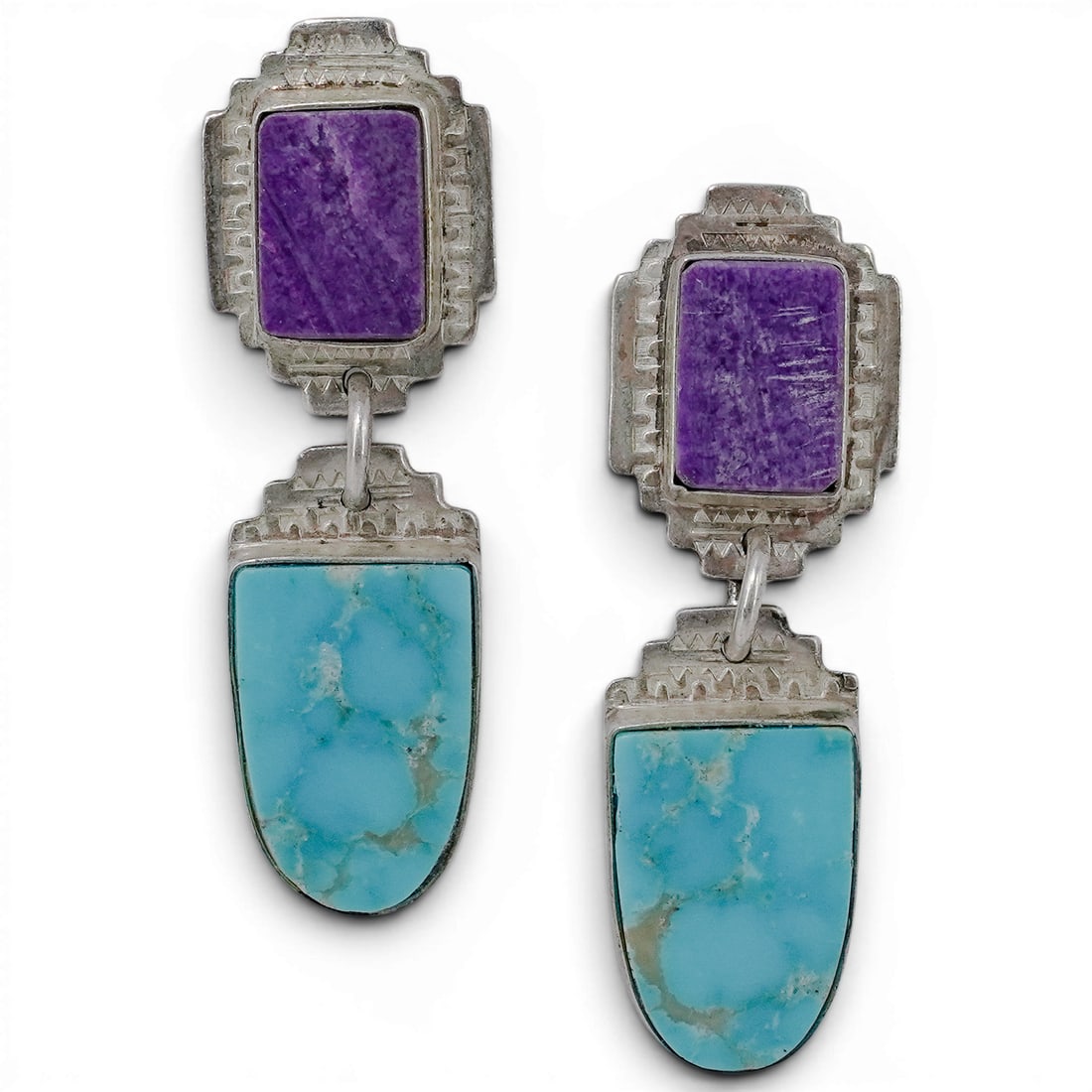 Vintage Navajo Sterling Silver Turquoise & Sugilite Dangle Earrings Signed: Vintage Navajo Sterling Silver Turquoise & Sugilite Dangle Earrings Signed 1970-1980s, USA Pair of Navajo sterling silver dangle earrings set with rectangular sugilite cabochons suspended above shield