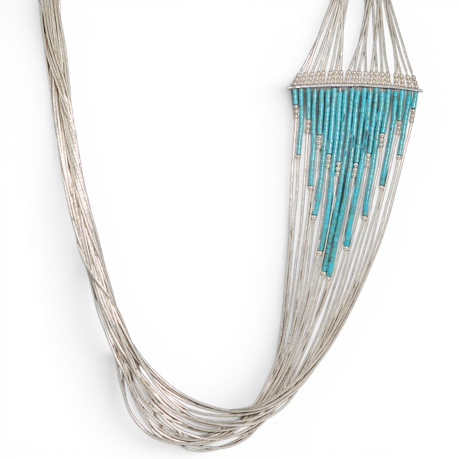 Vintage Navajo Sterling Silver & Turquoise Heishi Necklace: Vintage Navajo Sterling Silver & Turquoise Heishi Necklace 1970-1980s, USA Vintage sterling silver liquid silver necklace composed of numerous strands of fine sterling tube beads gathered at tapered c