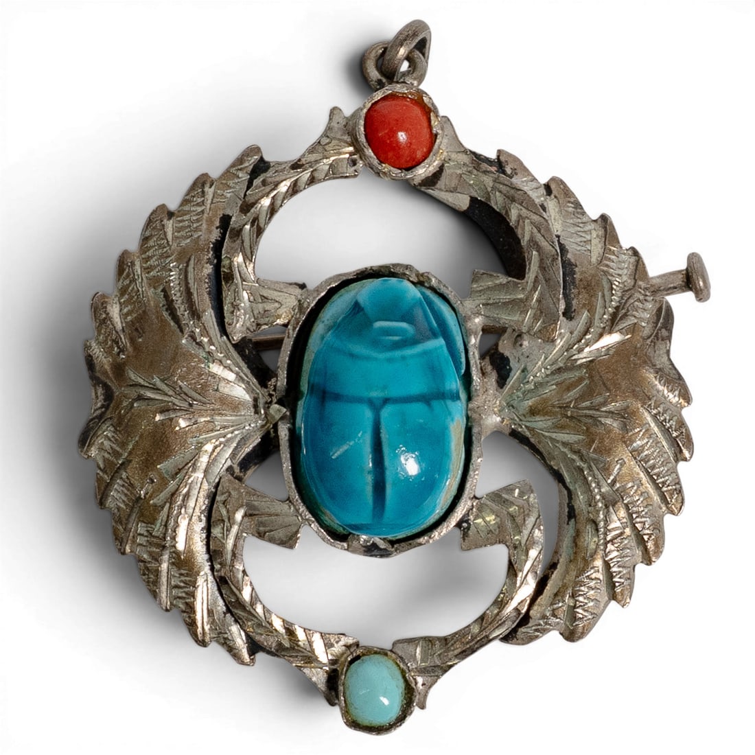 Vintage Egyptian Revival Sterling Silver Turquoise & Coral Scarab Pendant (1 of 2)