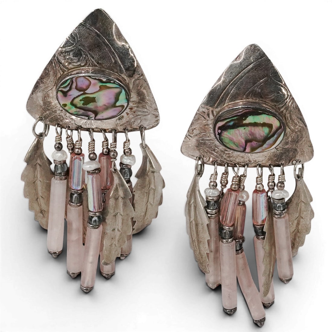 Vintage Sterling Silver Abalone & Rose Quartz Chandelier Earrings: Vintage Sterling Silver Abalone & Rose Quartz Chandelier Earrings 1970-1980s, USA Vintage sterling silver chandelier earrings featuring engraved triangular tops centered by oval abalone shell cabochon