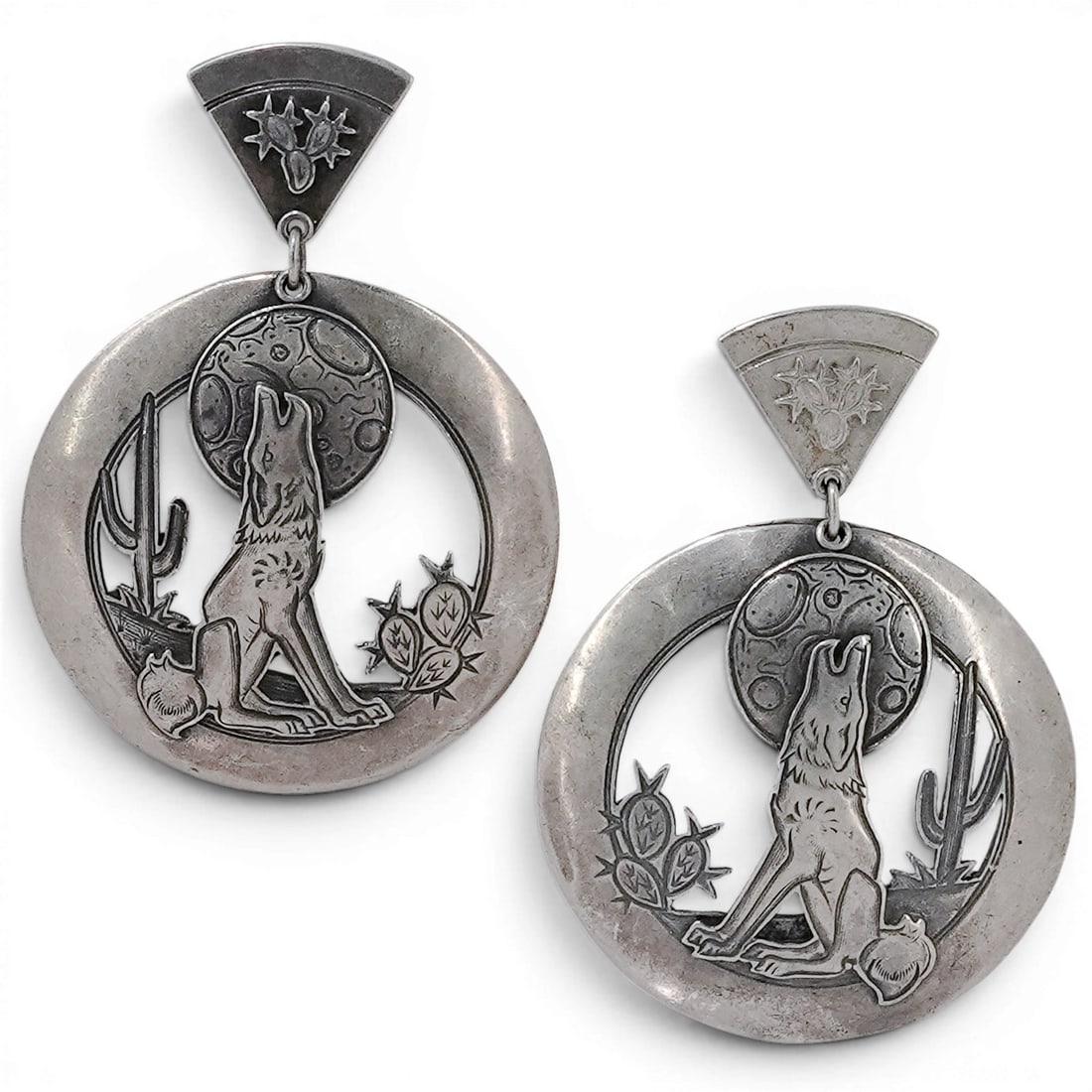 Vintage Kit Carson Sterling Silver Coyote & Moon Dangle Earrings (1 of 4)