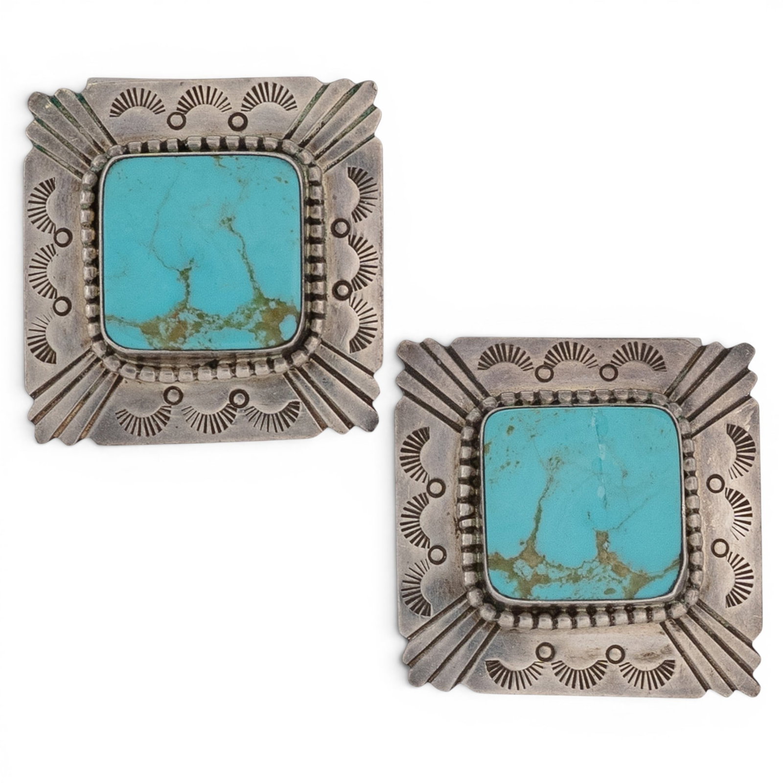 Vintage Betty Ann Lee Navajo Sterling Silver & Turquoise Square Concho Earrings (1 of 5)