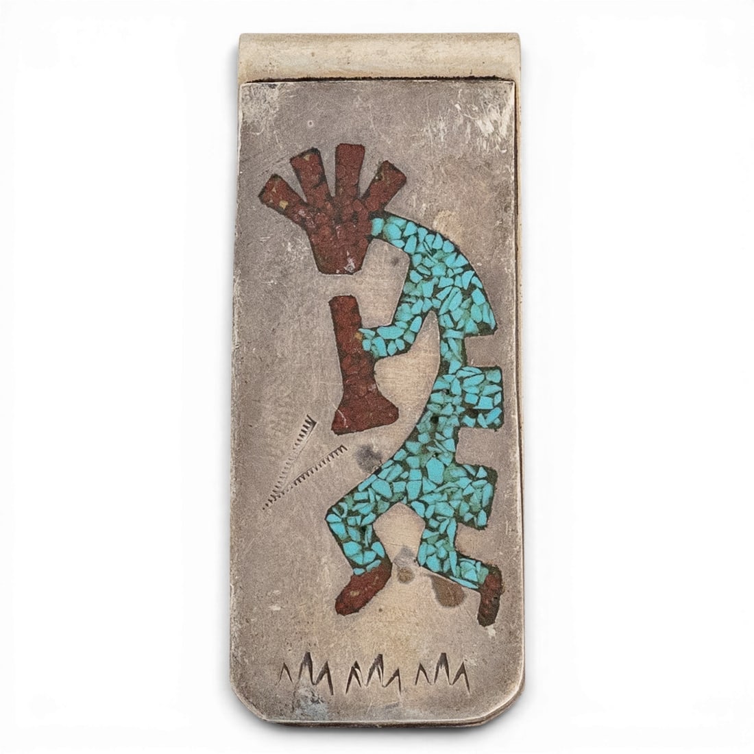Vintage Raymond Begay Navajo Sterling Silver Turquoise & Coral Inlay Kokopelli Money Clip: Vintage Raymond Begay Navajo Sterling Silver Turquoise & Coral Inlay Kokopelli Money Clip 1970-1980s, USA Vintage Sterling silver money clip featuring a stylized Kokopelli figure executed in turquoise