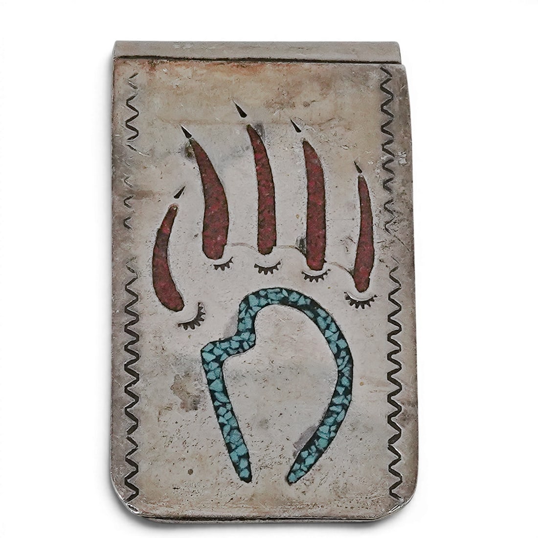 Vintage Navajo Sterling Silver Turquoise & Coral Inlay Bear Paw Money Clip Signed: Vintage Navajo Sterling Silver Turquoise & Coral Inlay Bear Paw Money Clip Signed 1970-1980s, USA Vintage sterling silver money clip featuring a stylized bear paw motif executed in turquoise chip inla