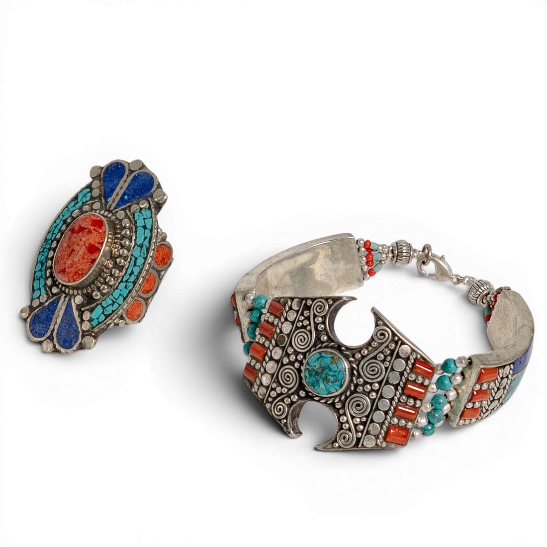 (2 Pcs) Vintage Tibetan Sterling Silver Turquoise Coral & Lapis Inlay Jewelry Set (1 of 7)