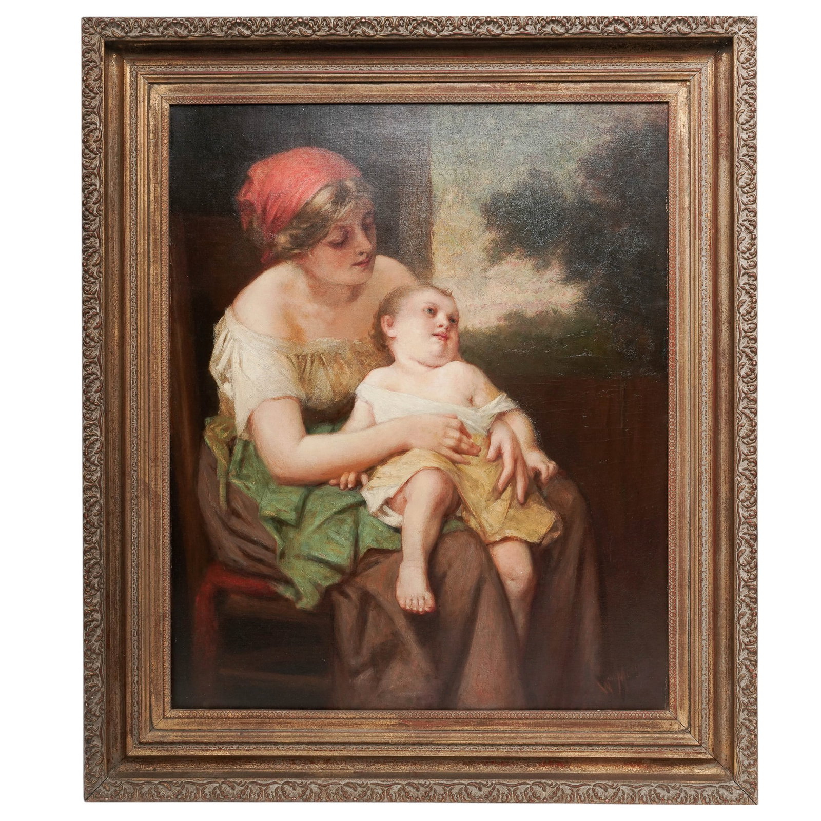 William Penn Morgan (American, 1826-1900) 'Mother & Child,' Oil on Canvas: William Penn Morgan (American, 1826-1900) 'Mother & Child,' Oil on Canvas 19th Century, USA Executed in a warm, academic palette, the composition emphasizes maternal affection through softly modeled f