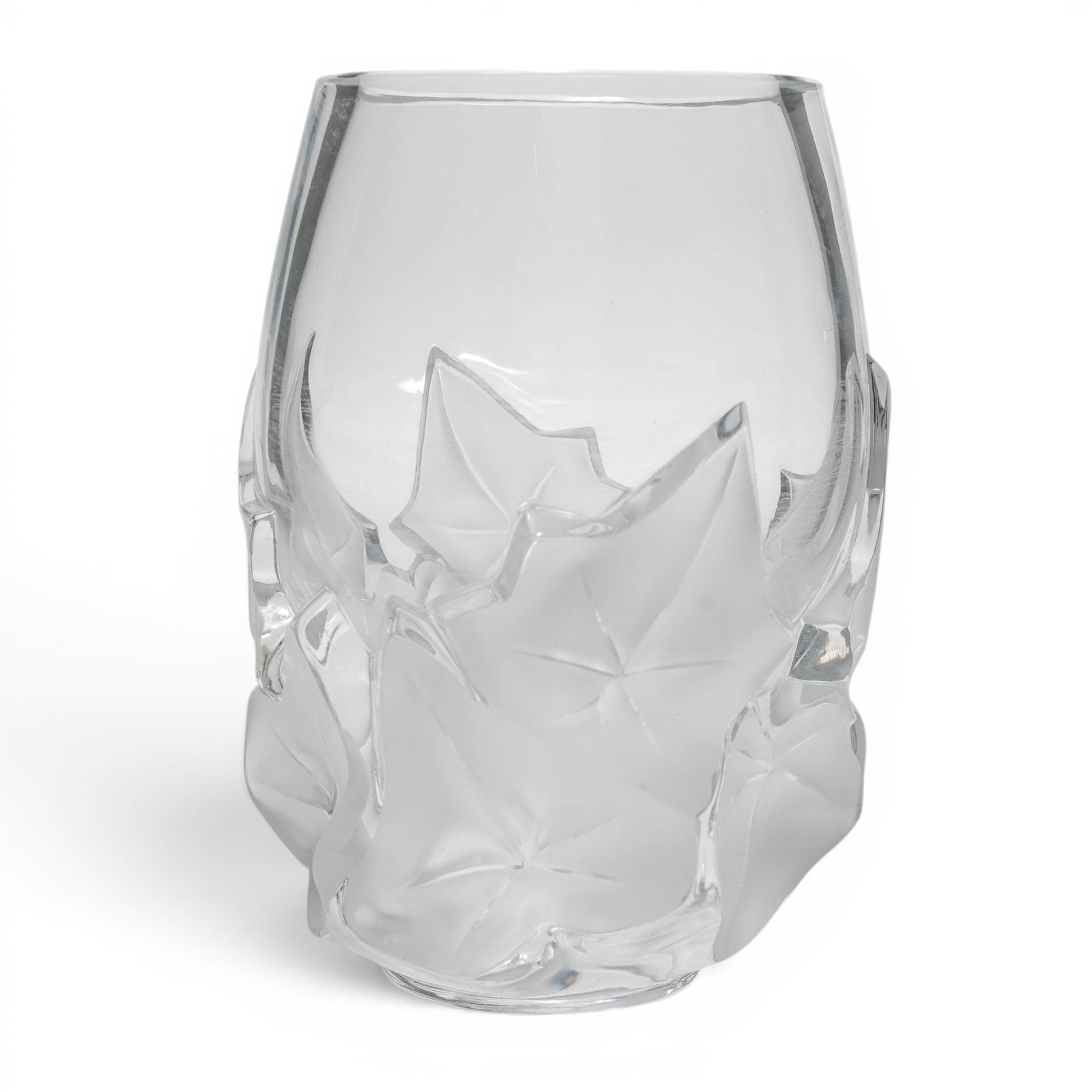 Lalique "Hedera" Crystal Vase: Lalique "Hedera" Crystal Vase 20th Cent., France Clear and frosted molded crystal with a repeating ivy leaf motif in frosted relief wrapping around the body. Cylindrical form with subtle tapering and 