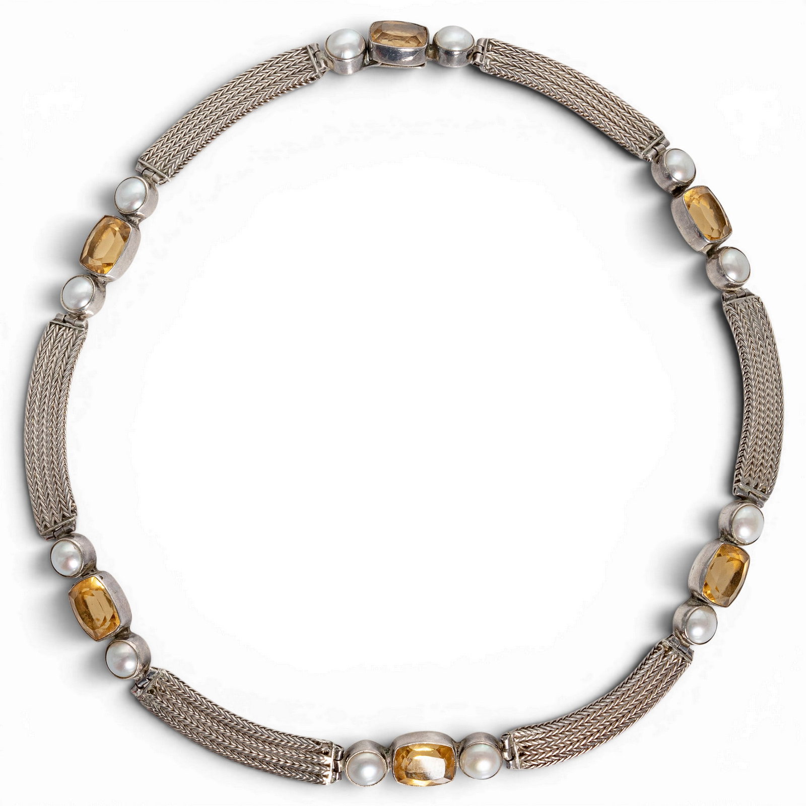 Janice Girardi Sterling Silver Citrine & Pearl Necklace: Janice Girardi Sterling Silver Citrine & Pearl Necklace Late 20th century, USA Janice Girardi sterling silver necklace with woven mesh-style silver link sections, bezel-set golden citrine accents, and