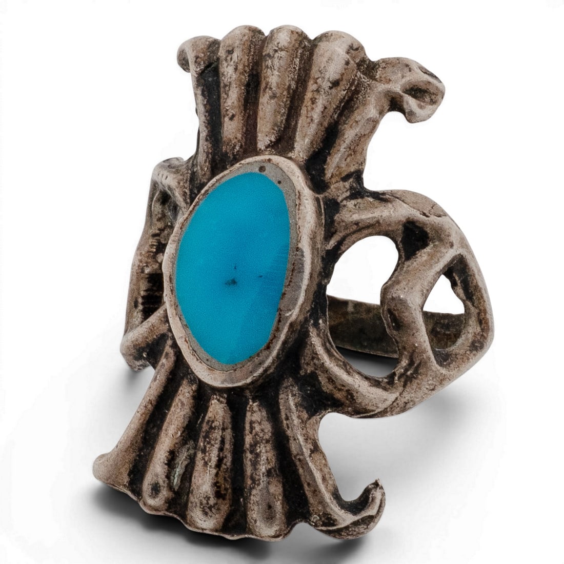 Vintage Navajo Sterling Silver & Turquoise Thunderbird Ring: Vintage Navajo Sterling Silver & Turquoise Thunderbird Ring 1970s-1980s, USA Handcrafted sterling silver ring featuring an oval turquoise cabochon in a smooth bezel setting mounted within a stylized t