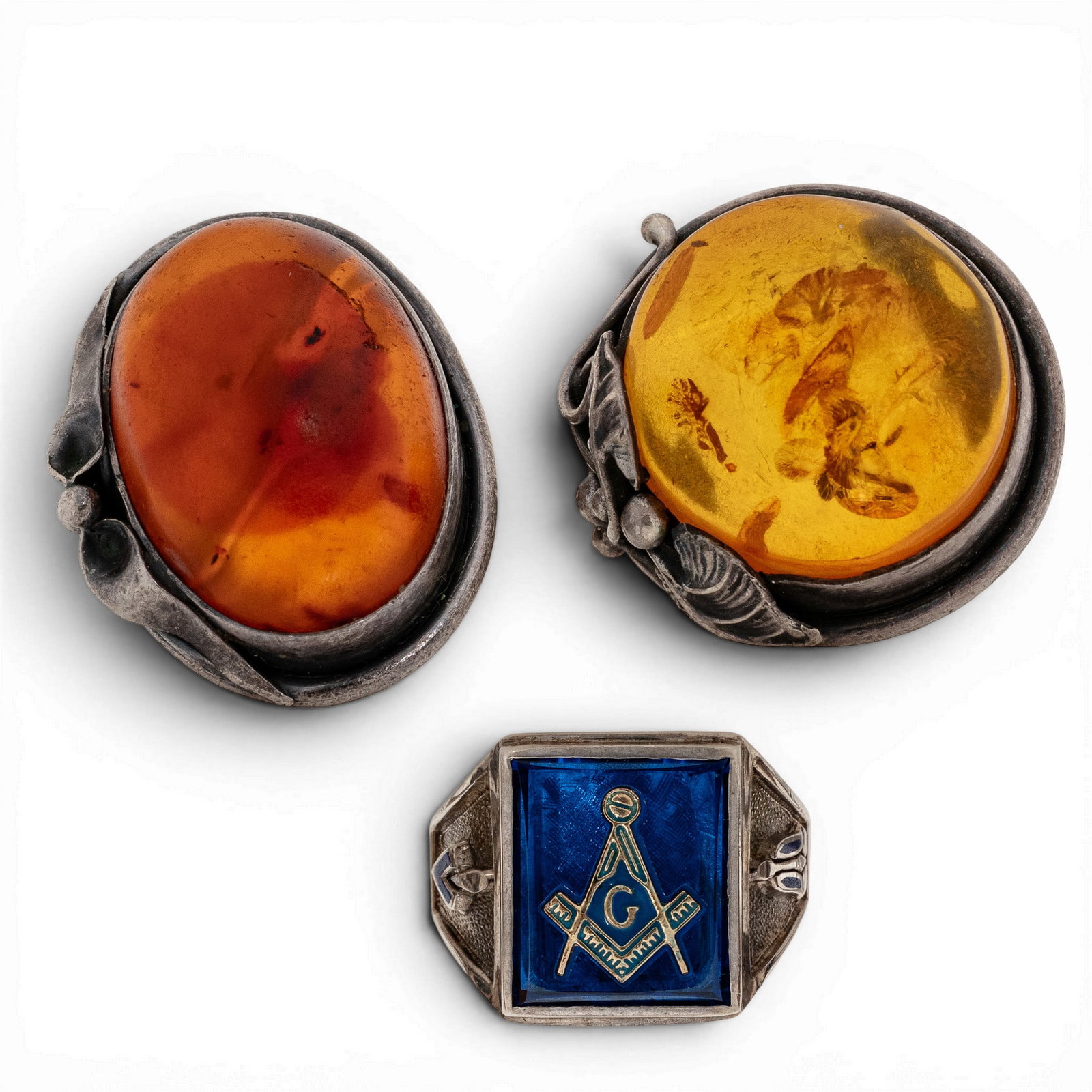 (3 Pcs) Vintage Sterling Silver Rings With Amber & Masonic Enamel (1 of 5)