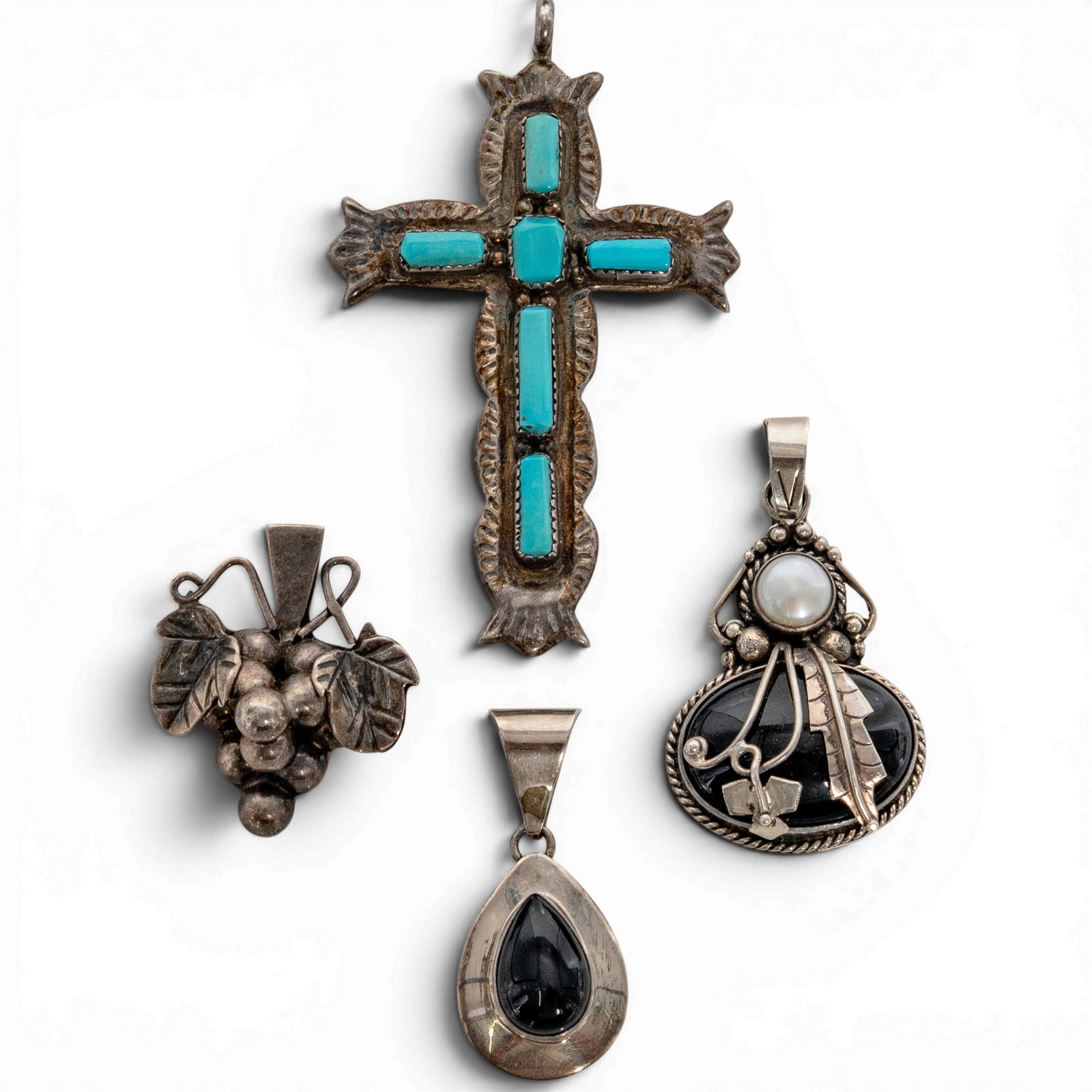 (4 Pcs) Vintage Sterling Silver Southwestern Pendants Signed: (4 Pcs) Vintage Sterling Silver Southwestern Pendants Signed Late 20th Century, USA / Mexican Lot of four sterling silver pendants including a turquoise inlay cross pendant with stamped border detail 