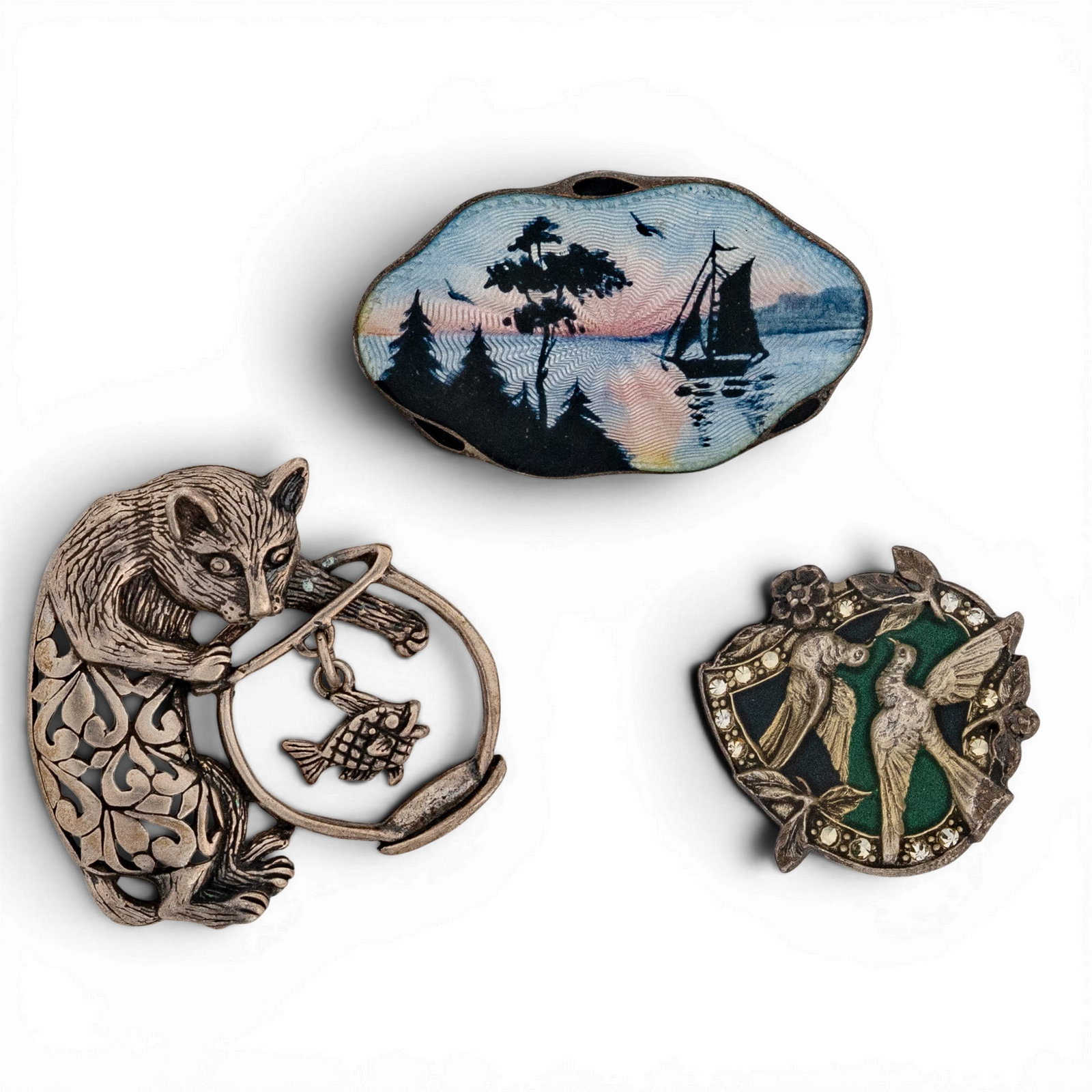 (3 Pcs) Vintage Sterling Silver & Enamel Figural Brooches (1 of 4)