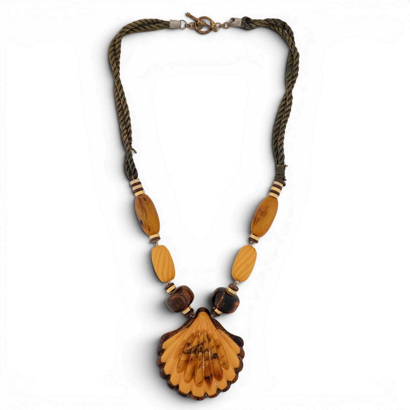 Baltic Amber & Banded Agate Beaded Pendant Necklace: Baltic Amber & Banded Agate Beaded Pendant Necklace Mid-20th Century, European Necklace composed of twisted cord strands supporting graduated butterscotch amber beads, banded brown agate spacer beads,