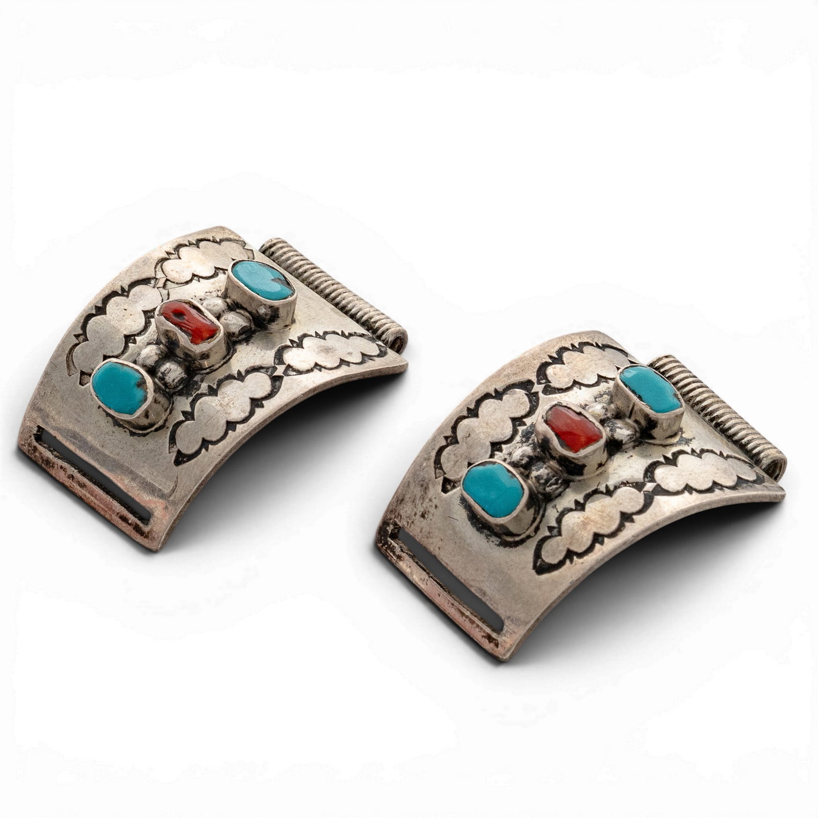 Vintage Navajo Sterling Silver Turquoise & Coral Watch Tips Signed: Vintage Navajo Sterling Silver Turquoise & Coral Watch Tips Signed 1970s-1980s, USA Pair of handcrafted sterling silver watch tips featuring bezel-set turquoise and coral cabochons accented by applied