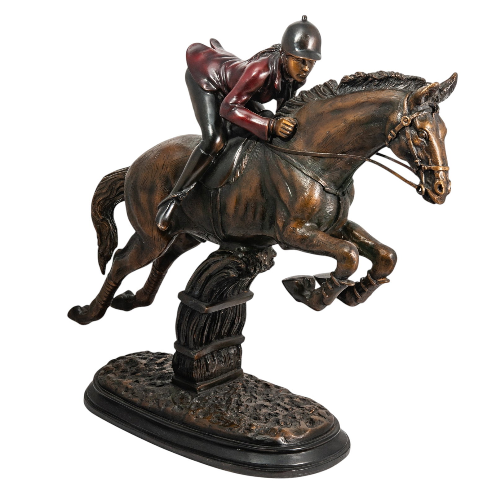 Patinated Bronze Steeplechase Equestrian Sculpture: Patinated Bronze Steeplechase Equestrian Sculpture 20th Cent. This is a vintage-style patinated bronze sculpture of a steeplechase horse and rider. The dynamic piece captures a powerful thoroughbred h