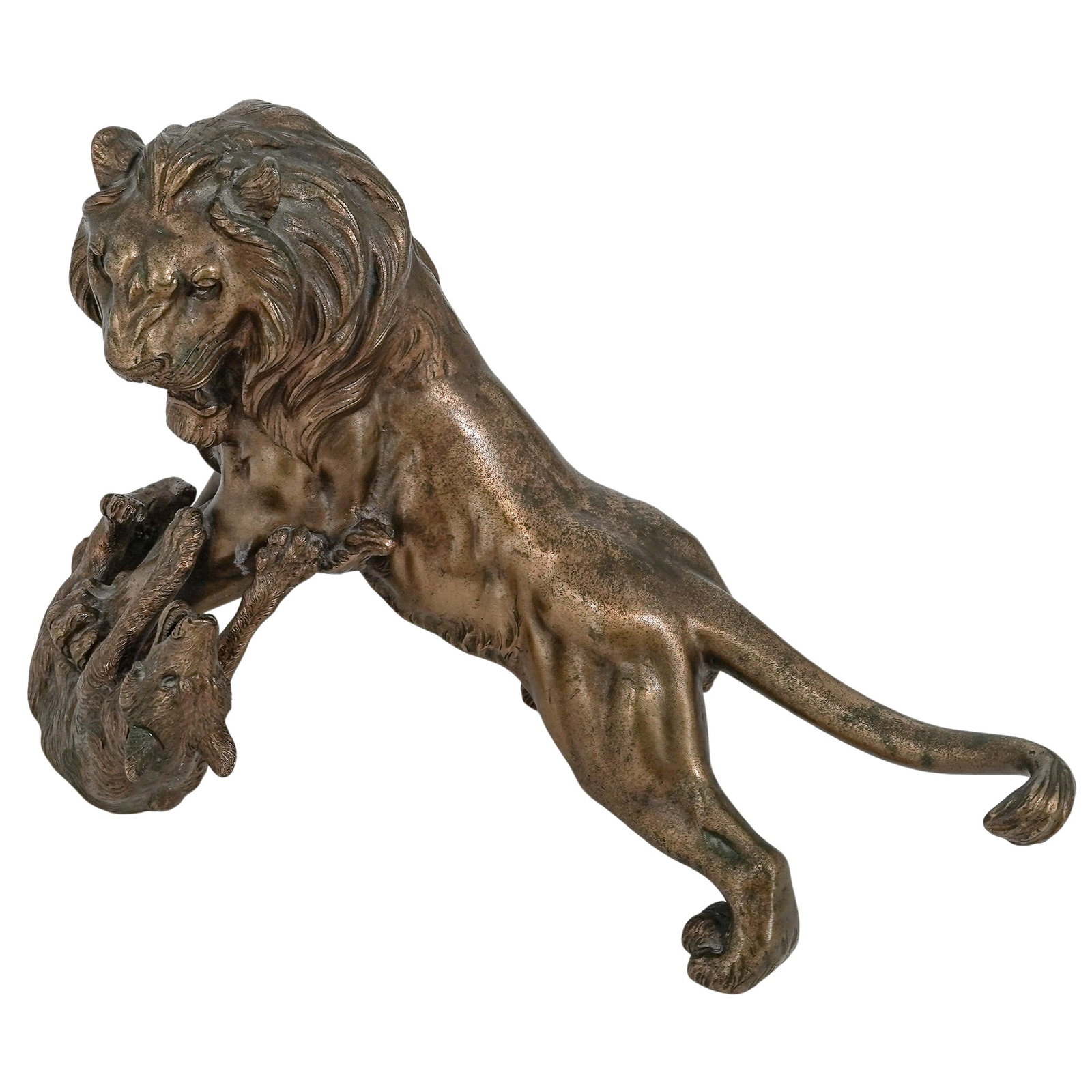 Antique Bronze Lion and Wolf Sculpture: Antique Bronze Lion and Wolf Sculpture Early 20th century A bronze sculpture depicting a lion crushing a wolf. H 9.25" x L 15" x W 8.5"