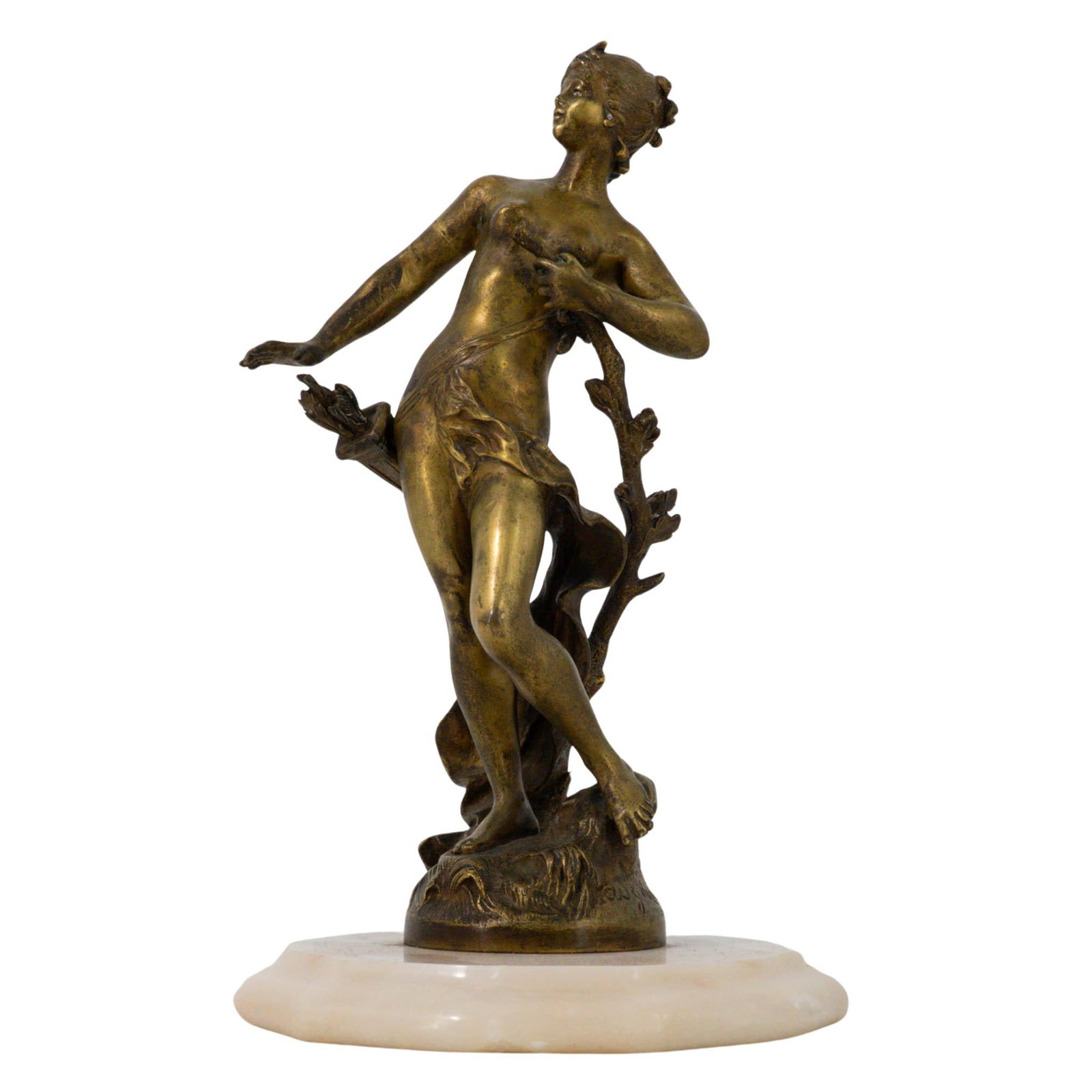 After Auguste Moreau (French, 1834-1917) Bronze Nude Sculpture: After Auguste Moreau (French, 1834-1917) Bronze Nude Sculpture 20th century, French After Moreau bronze art nouveau style sculpture of a classical nymph depicted mid-stride, with flowing, windswept dr