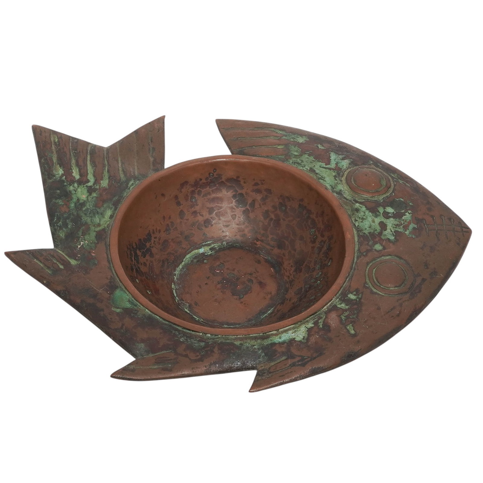 Graziella Laffi (Italian, 1923-2009) Patinated Mixed Metal Fish Bowl: Graziella Laffi (Italian, 1923-2009) Patinated Mixed Metal Fish Bowl Late 20th Century, Peru Patinated mixed metal bowl in the form of a stylized fish by noted Italian-born Peruvian artist Graziella L