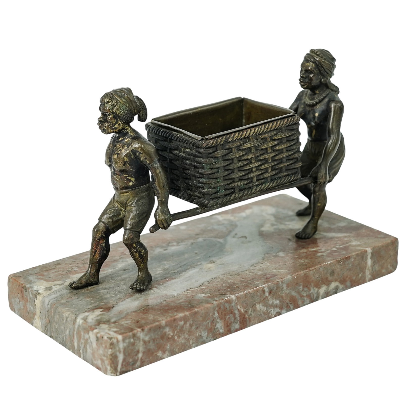 Attrib. Maison Alphonse Giroux Bronze Basket Carriers on Marble Base: Attrib. Maison Alphonse Giroux Bronze Basket Carriers on Marble Base Late 18th - Early 19th Century, Paris Maison Alphonse Giroux (attributed), 19th century French gilt bronze sculpture depicting bask