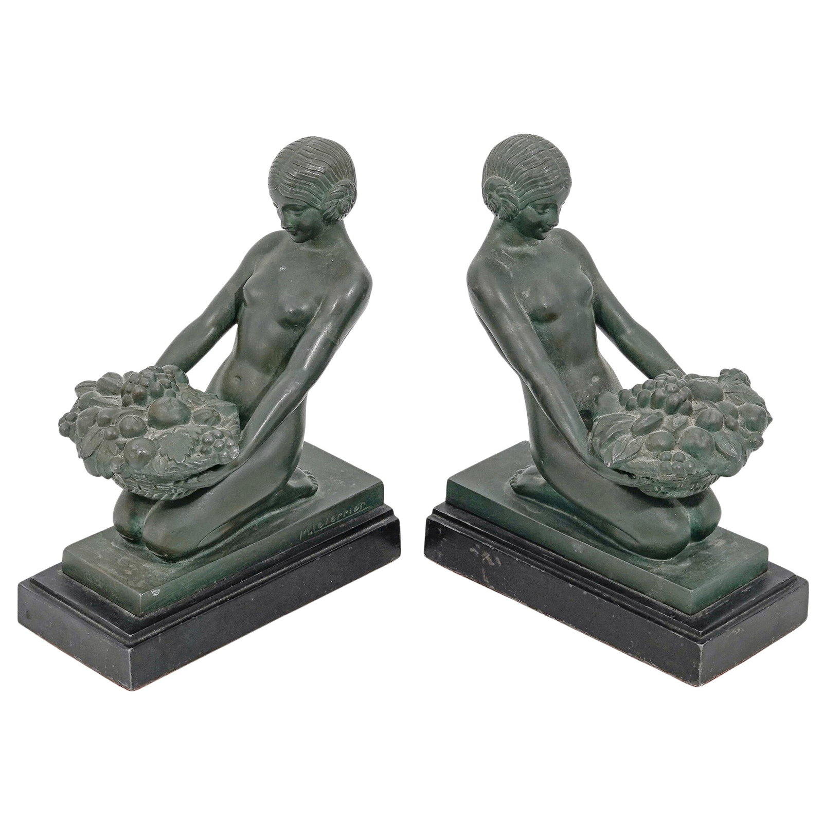 Pair of Max Le Verrier (French, 1891-1973) 'La Cueillette' Bookends: Pair of Max Le Verrier (French, 1891-1973) 'La Cueillette' Bookends Mid-Late 20th Century, France Pair of Art Deco bookends by Max Le Verrier's La Cueillette ("The Harvest"), depicting kneeling female