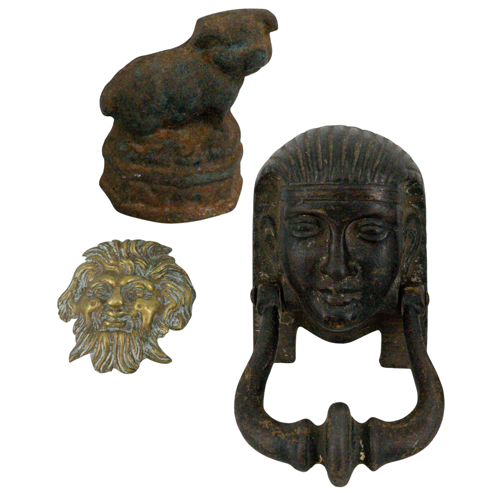 (3 pc) Egyptian Pharaoh Iron Door Knocker Pig Door Stopper & Brass Aeolus Medallion (1 of 9)