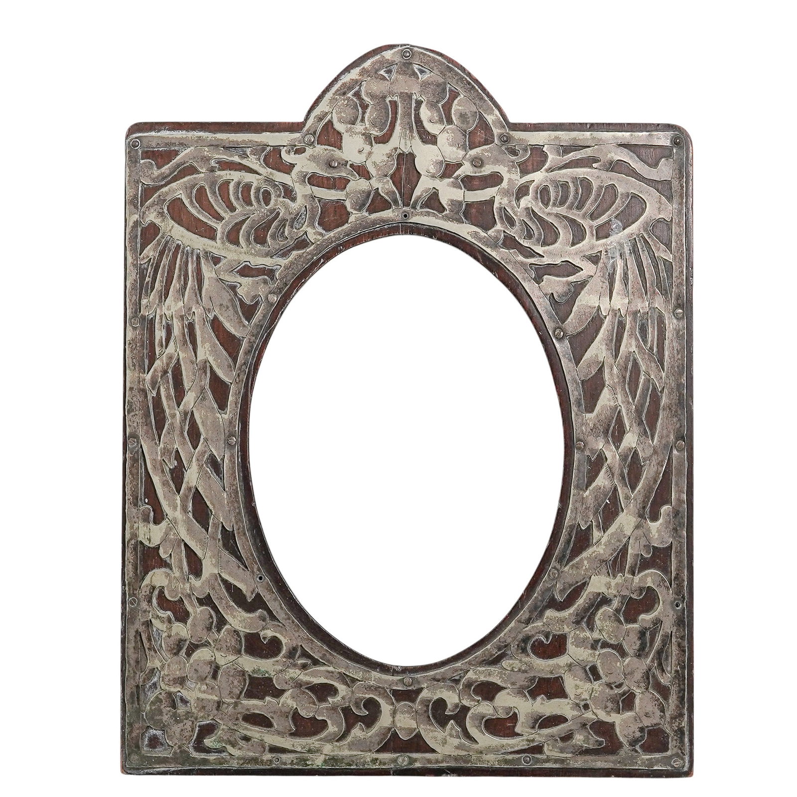 Art Nouveau Openwork Metal Mounted Wood Frame: Art Nouveau Openwork Metal Mounted Wood Frame Early 20th century An Art Nouveau wood frame with openwork metal mount. H 14.25" x W 11.375"