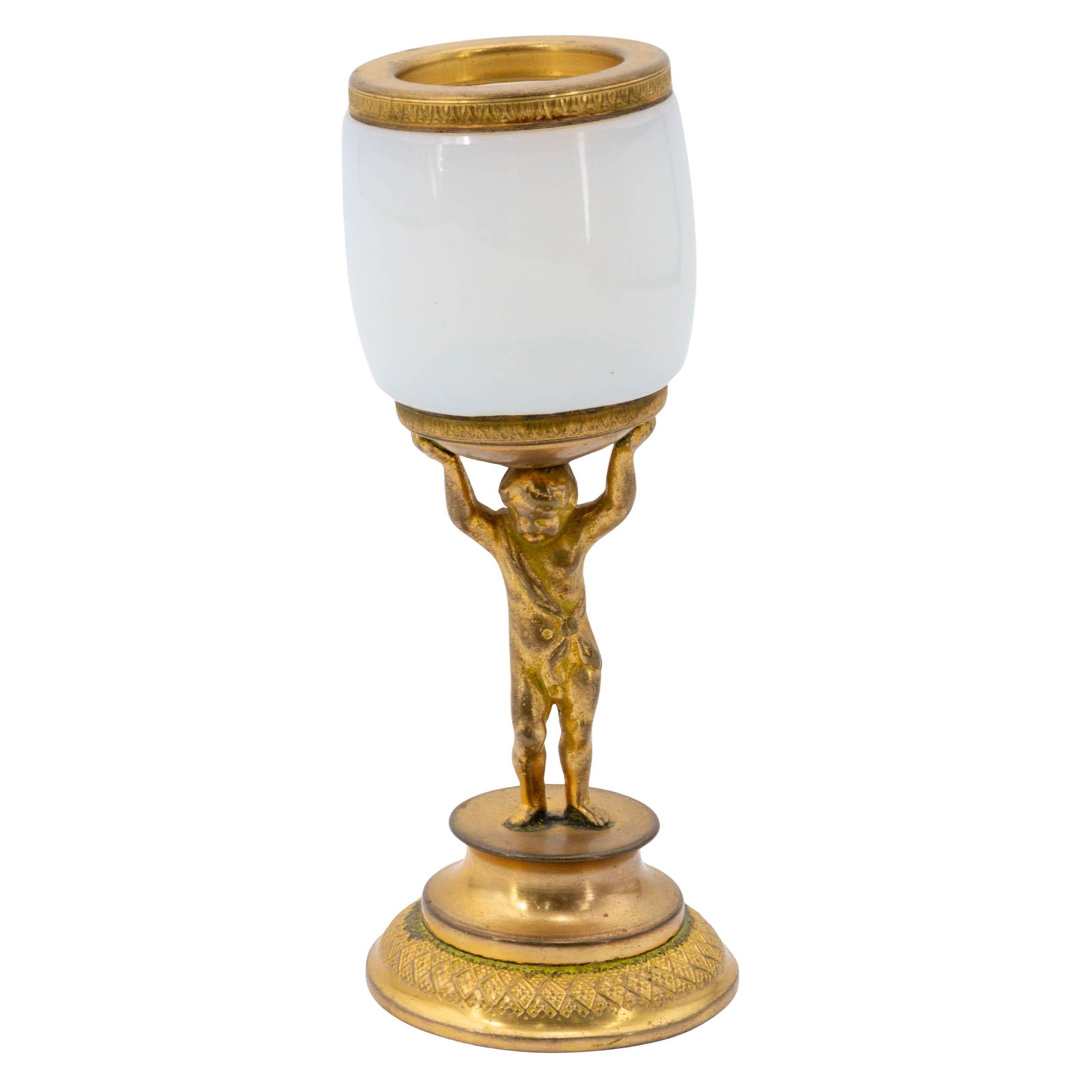 Antique French Gilt Bronze & Opaline Glass Cup: Antique French Gilt Bronze & Opaline Glass Cup Late 19th Century, France Antique French decorative cup featuring a hand-blown opaline glass body mounted in an ornate gilt bronze framework. The piece d