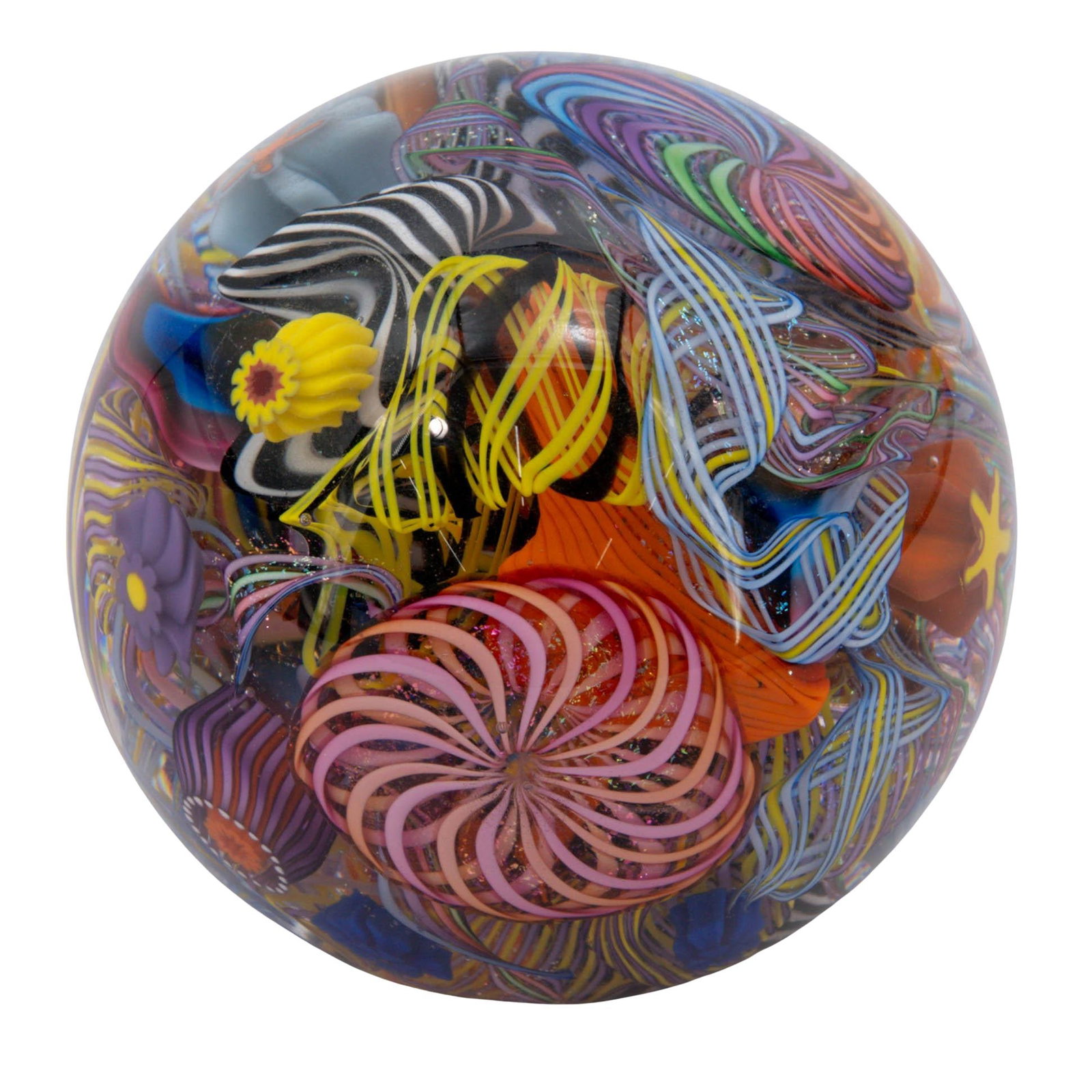 James Alloway Art Glass Paperweight: James Alloway Art Glass Paperweight 2007 It showcases a light blue starfish at the top, surrounded by colorful twisting ribbons, sea anemone shapes, and millefiori flower-like cane patterns. Alloway i
