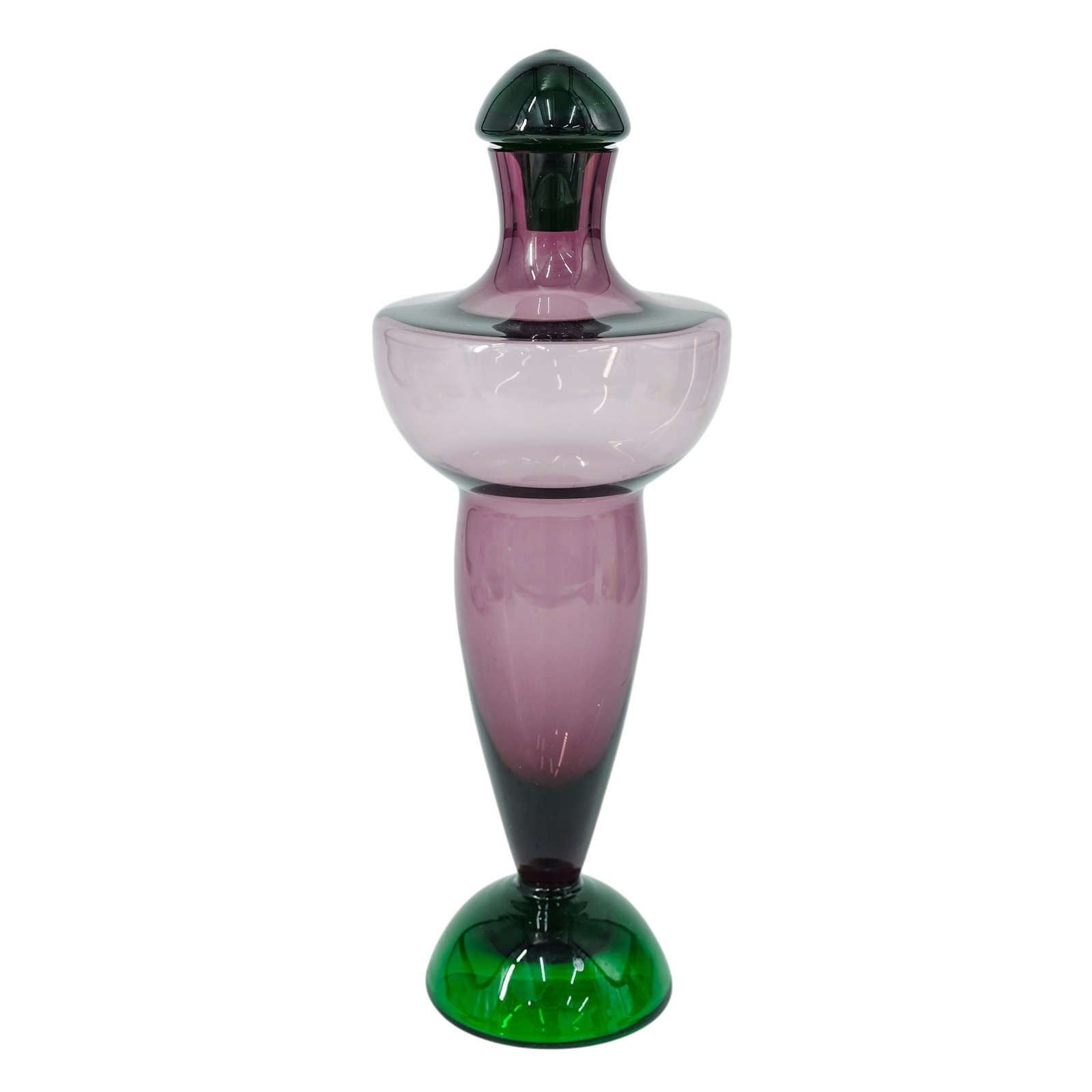 MCM Empoli-Style Art Glass Decanter: MCM Empoli-Style Art Glass Decanter Mid 20th Cent. Probably Italian This vintage mid-century modern art glass decanter resembles Italian Empoli styles with its distinctive amethyst purple body and con